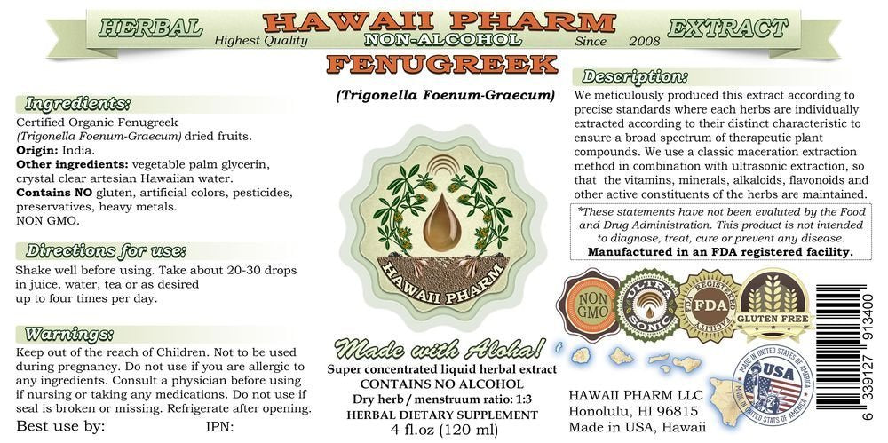 Hawaii Pharm Organic Fenugreek Glycerite Herbal dietary product 4 Fl Oz Glass