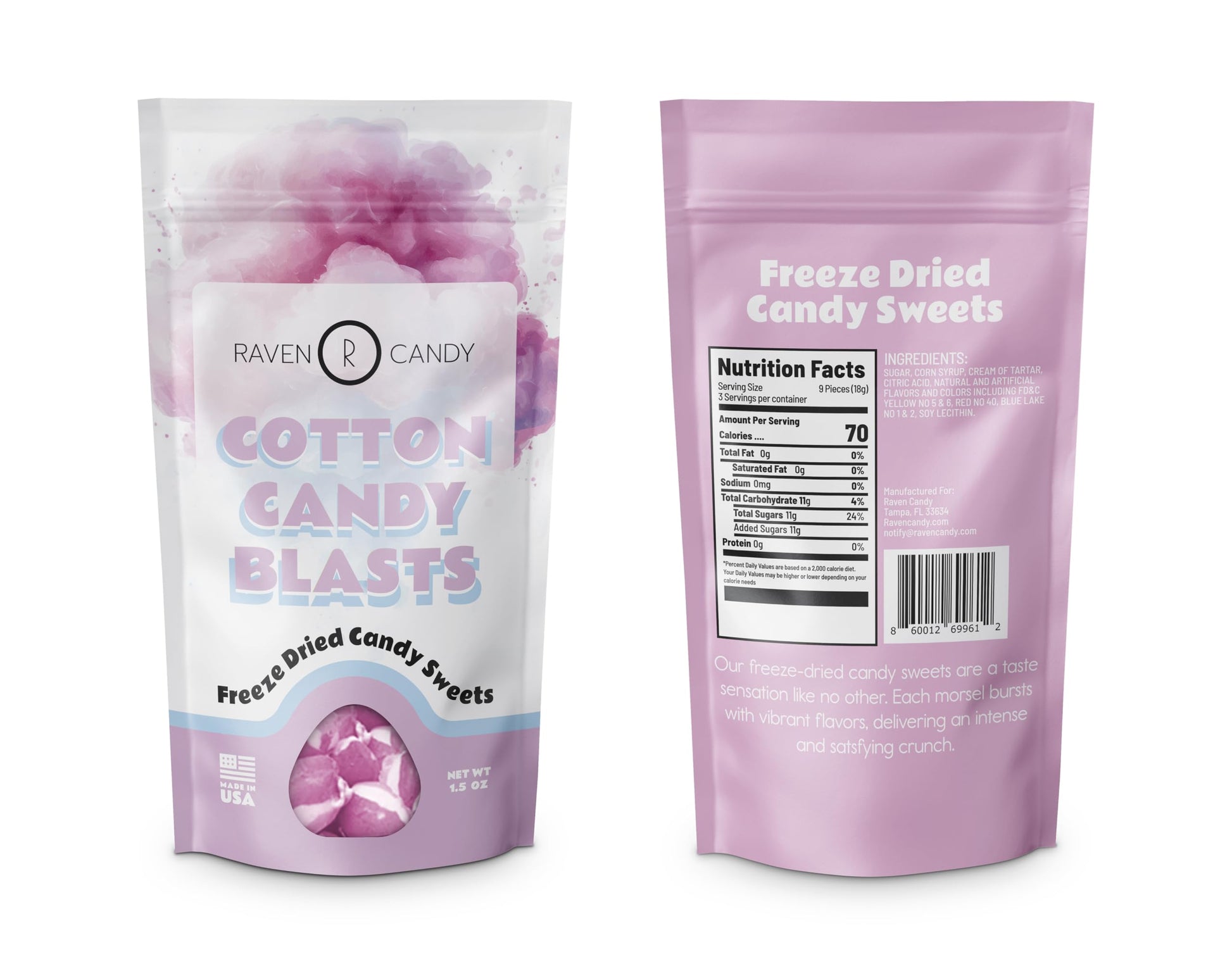 Raven Candy Cotton Candy Flavored Blasts Freeze Dried Candy 1.5 oz | Crunchy & Zesty | Perfect for On-The-Go Snacking | Light & 