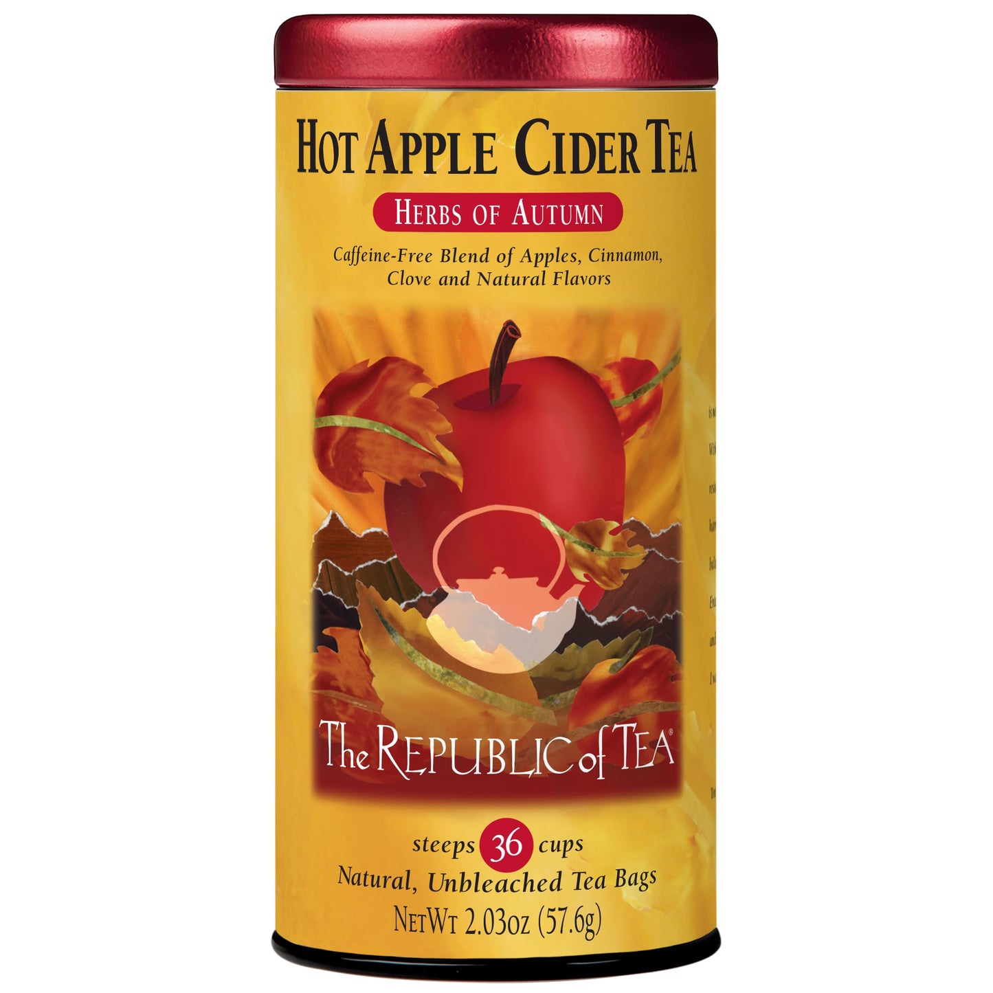 The Republic of Tea Hot Apple Cider Tea, Herbal Blend, Caffeine-Free, 36 Tea Bags, Tin, Model 0742676403050