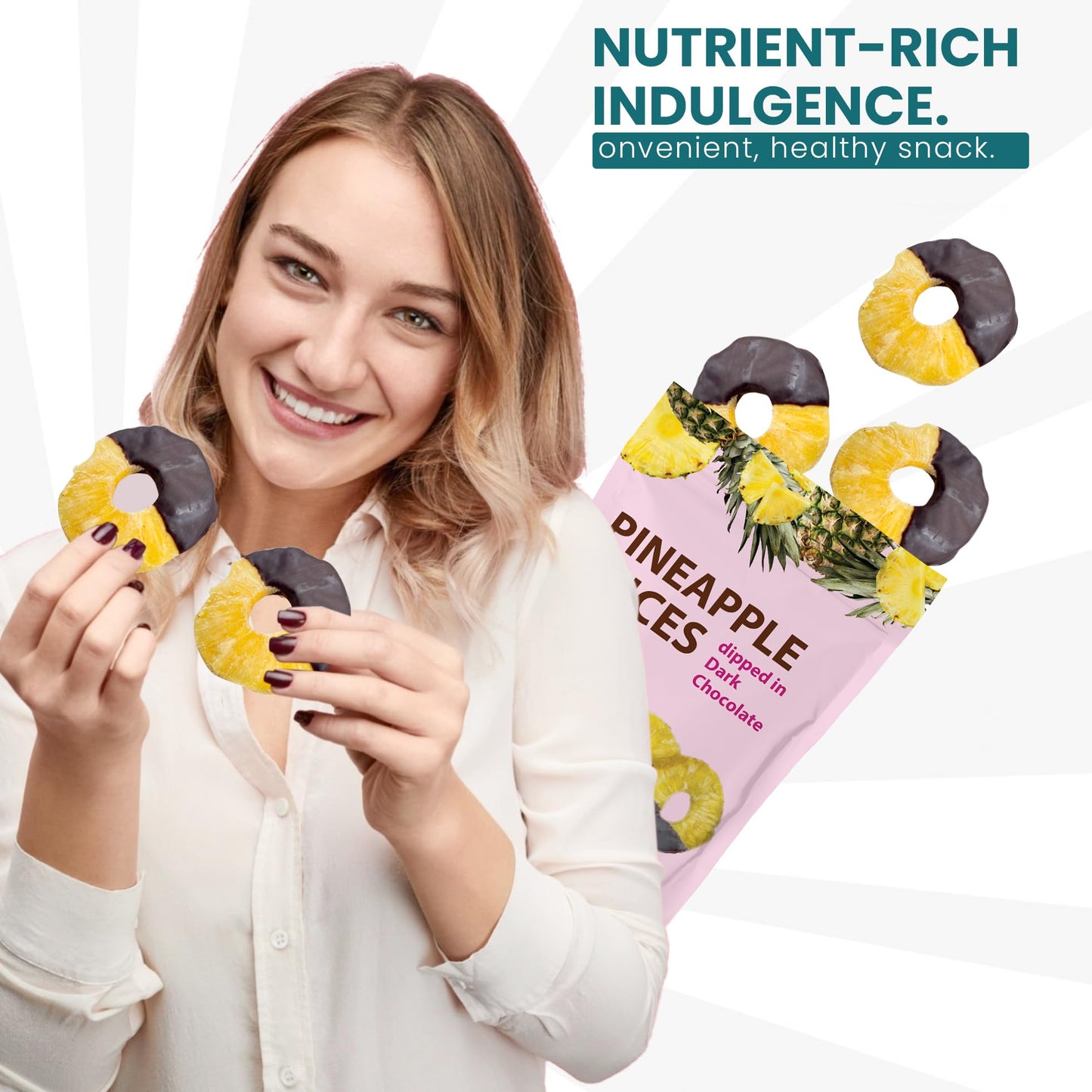 Premium All Natural Real Rich Dark Chocolate Dipped Tropical Pineapple Dried Fruit Slices 7Oz Non Gmo, No Added Colors Healthy S