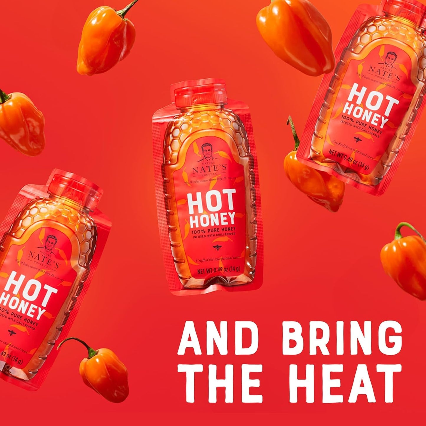 Nates Bulk 400ct Hot Honey Minis - Single-Serve 100% Pure Honey Infused with Habanero Chili Pepper - 0.49oz Packets  400ct box