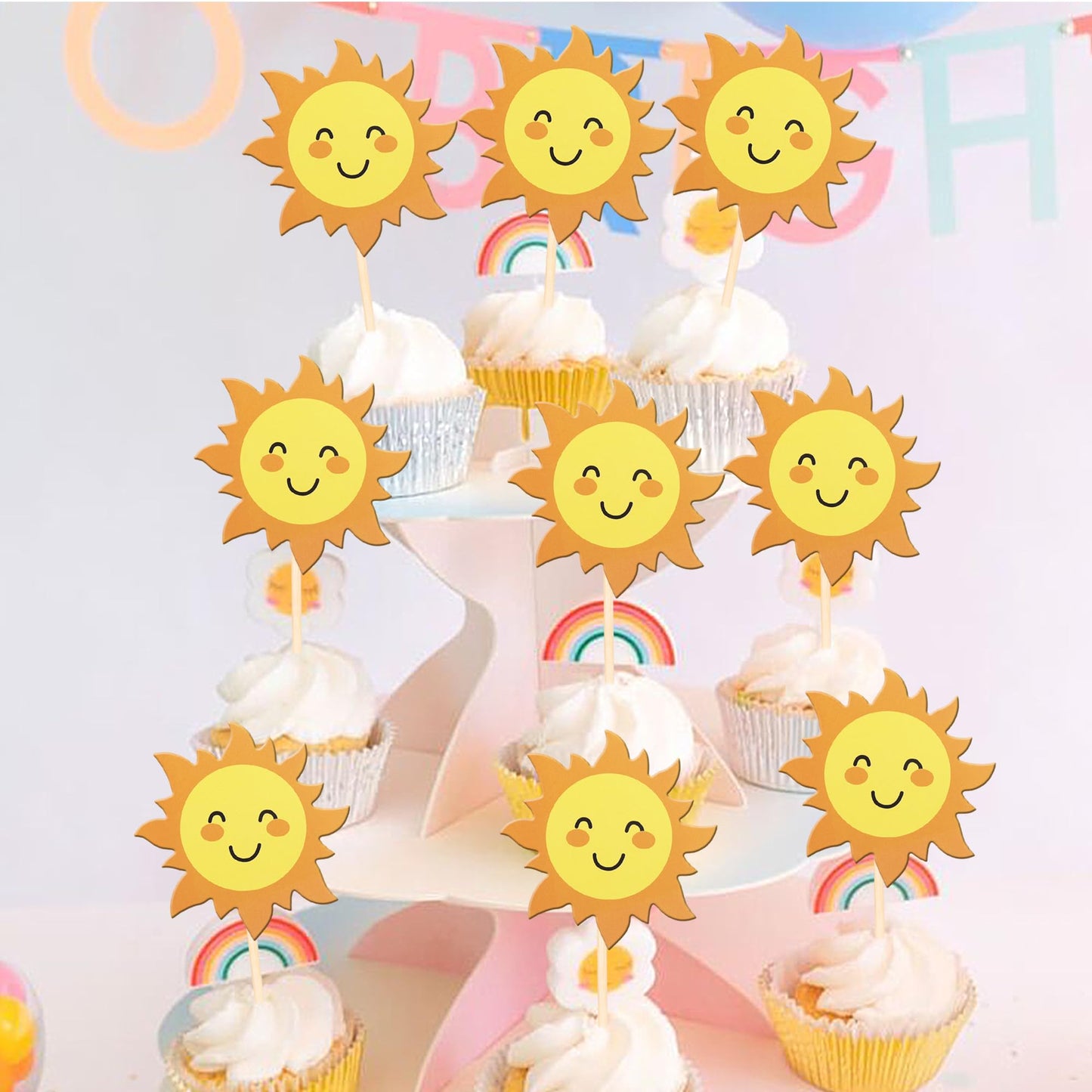 36 Pcs Sun Cupcake Toppers Double Sided Sun Flower Smile Face Cupcake Picks Sunshine Cupcake Decorations For Sun Theme Baby Show