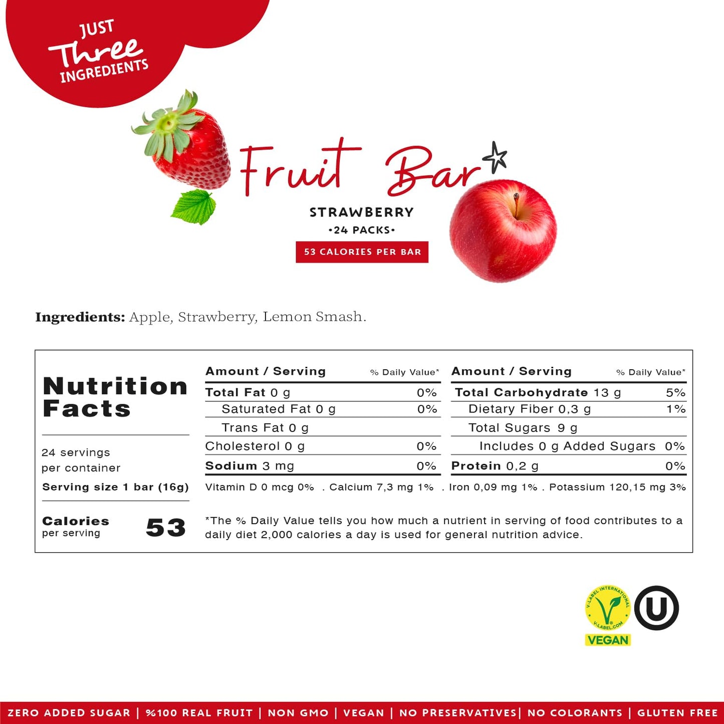 Mate Apple + Strawberry Healthy Snack, 100% Natural Real Fruit Bar & Gluten-Free & Vegan & Non GMO & Kosher - Zero Added Sugar,