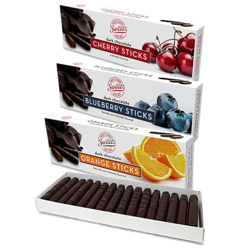 Sweet Candy Company Dark Chocolate Fruit Flavored Sticks - Gourmet Chocolate Covered Sticks, Orange, Blueberry, Cherry, Gift Ide