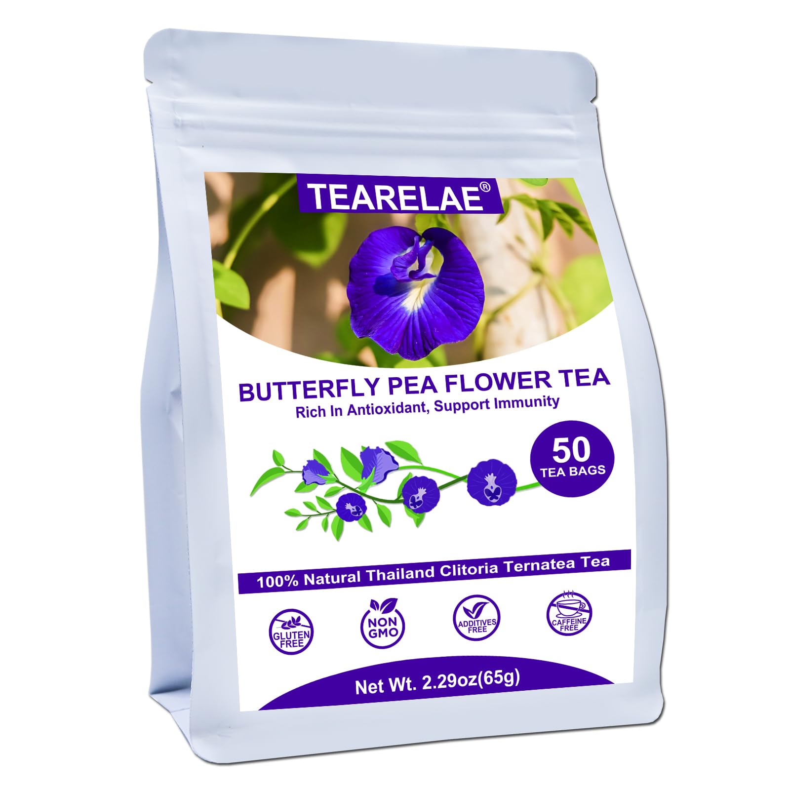 TEARELAE Butterfly Pea Flower Tea - 50 Count Tea Bags, Caffeine-Free, Non-GMO, Natural Coloring for Food and Iced Tea