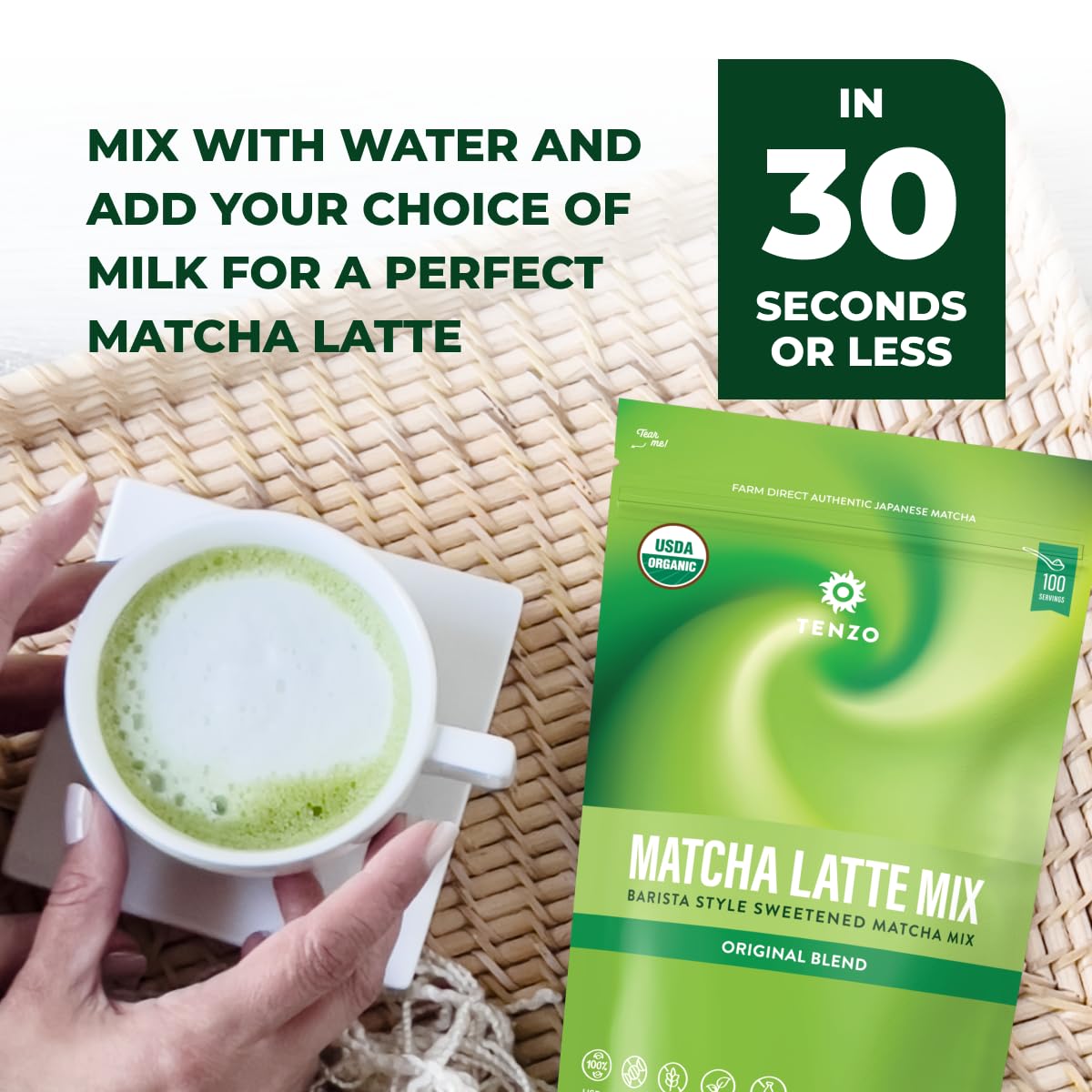 Tenzo Matcha Green Tea Powder, Organic Sweetened Latte Mix, 2.2 Pound, Ceremonial Barista Crafted, Authentically Japanese