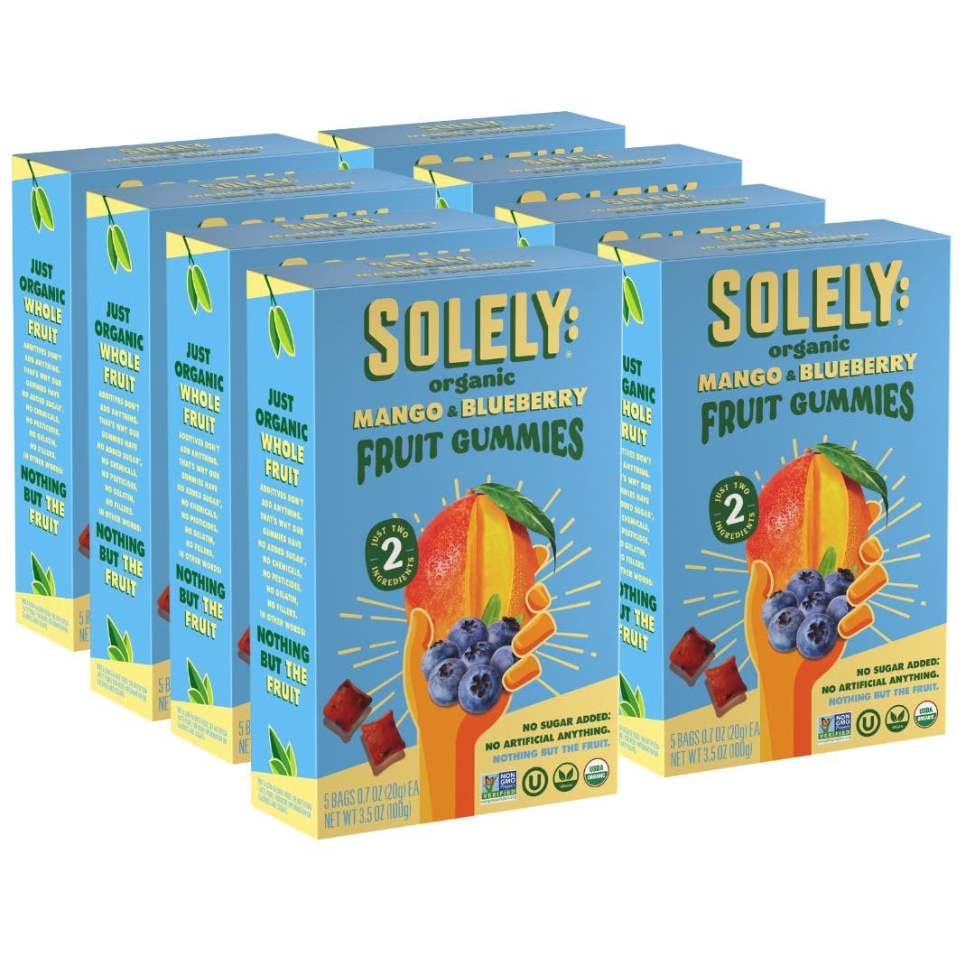 SOLELY - Organic Mango & Blueberry Whole Fruit Gummies (Pack of 8 Boxes, 5 Bags per Box) - Real Fresh Fruit - Healthy Snacks for