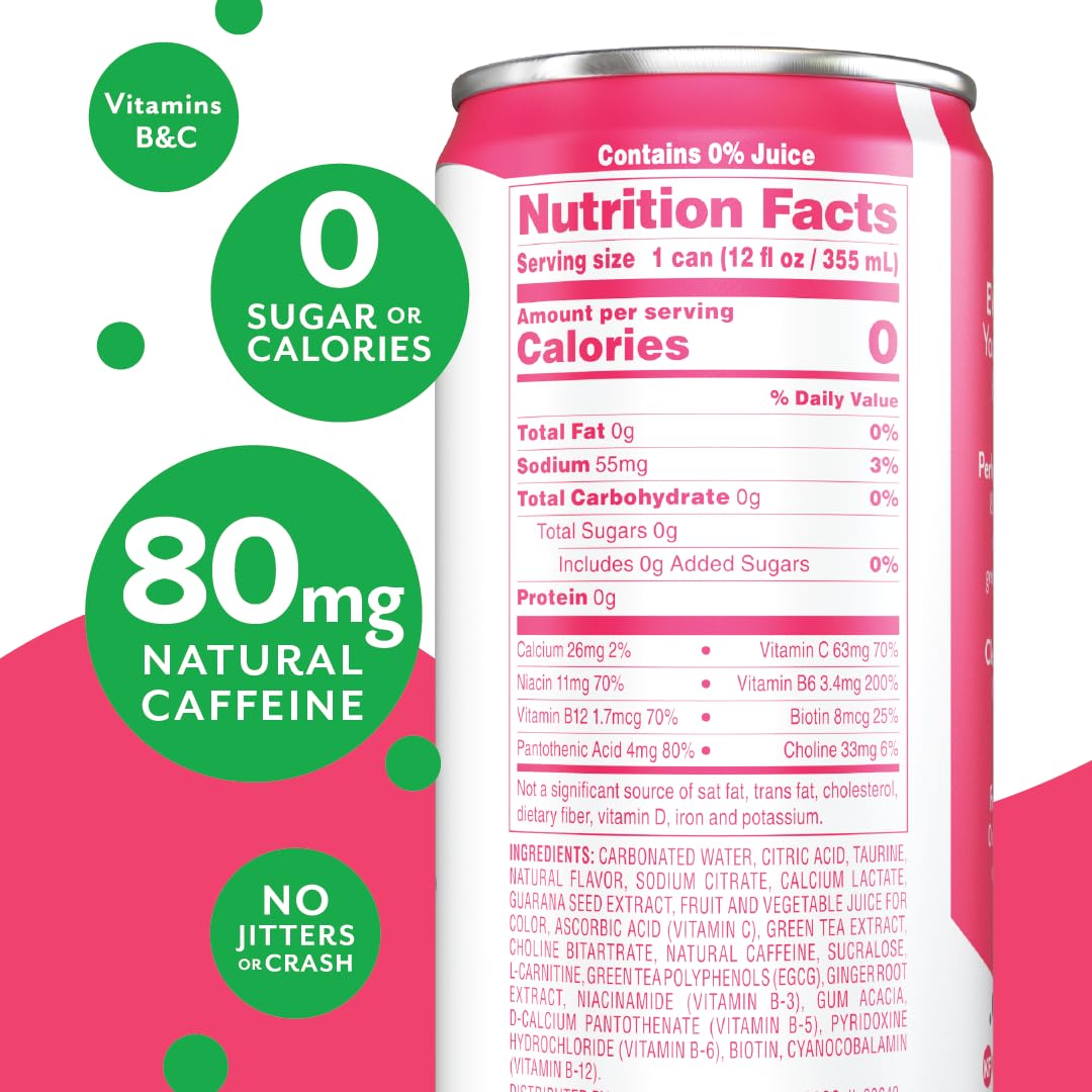 Aspire Healthy Energy Drink, Strawberry Watermelon, 80mg Natural Caffeine, Zero Sugar, 12 Pack