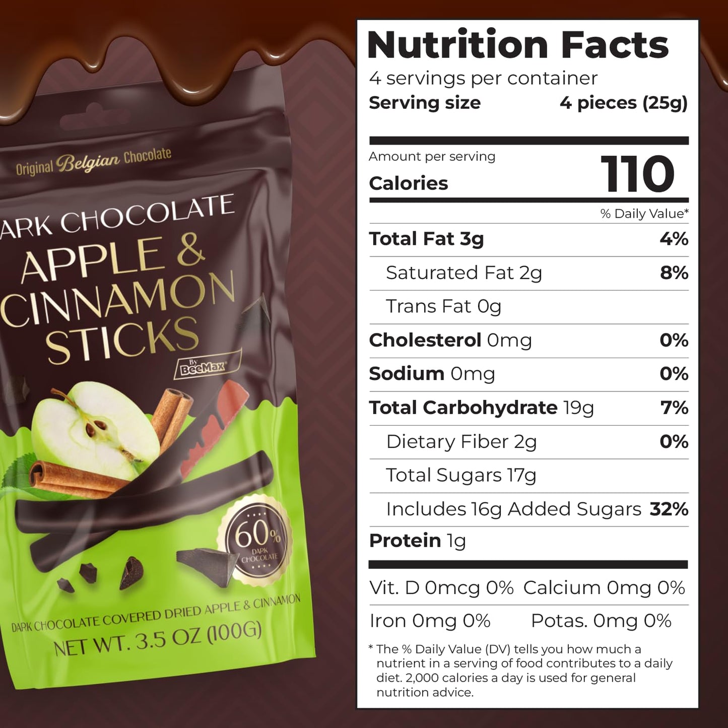 Belgian Chocolate Covered Fruit Sticks - Gourmet Covered Dried Fruit, 3.5 Oz Resealable Pouch, Non-Gmo, Perfect Treat For Chocolate Lovers (Dark Chocolate, Apple)