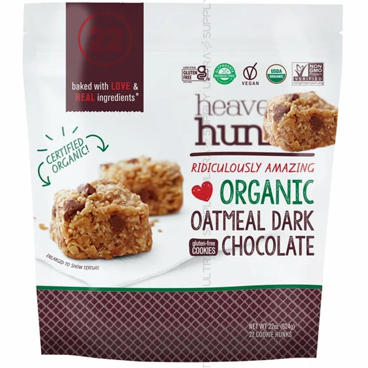 Heavnly Hunks Organic Oatmeal Dark Chocolate (22 oz.) - Gluten-Free, Vegan, Non-GMO Superfood Cookies - Soft-Baked, Individually