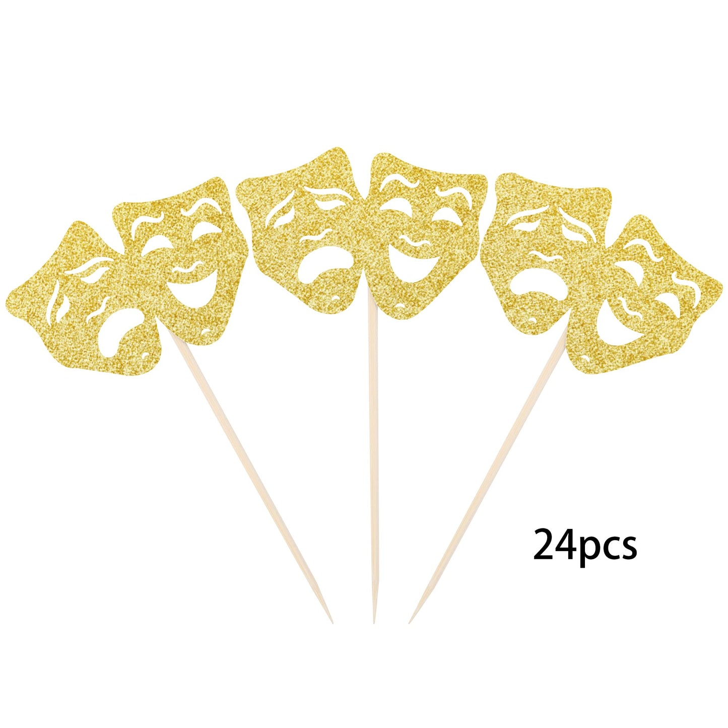 24 Pcs Theatrical Mask Cupcake Toppers Gold Glitter Comedy Movie Night Cupcake Picks Film Festival Theme Birthday Party Cake Dec