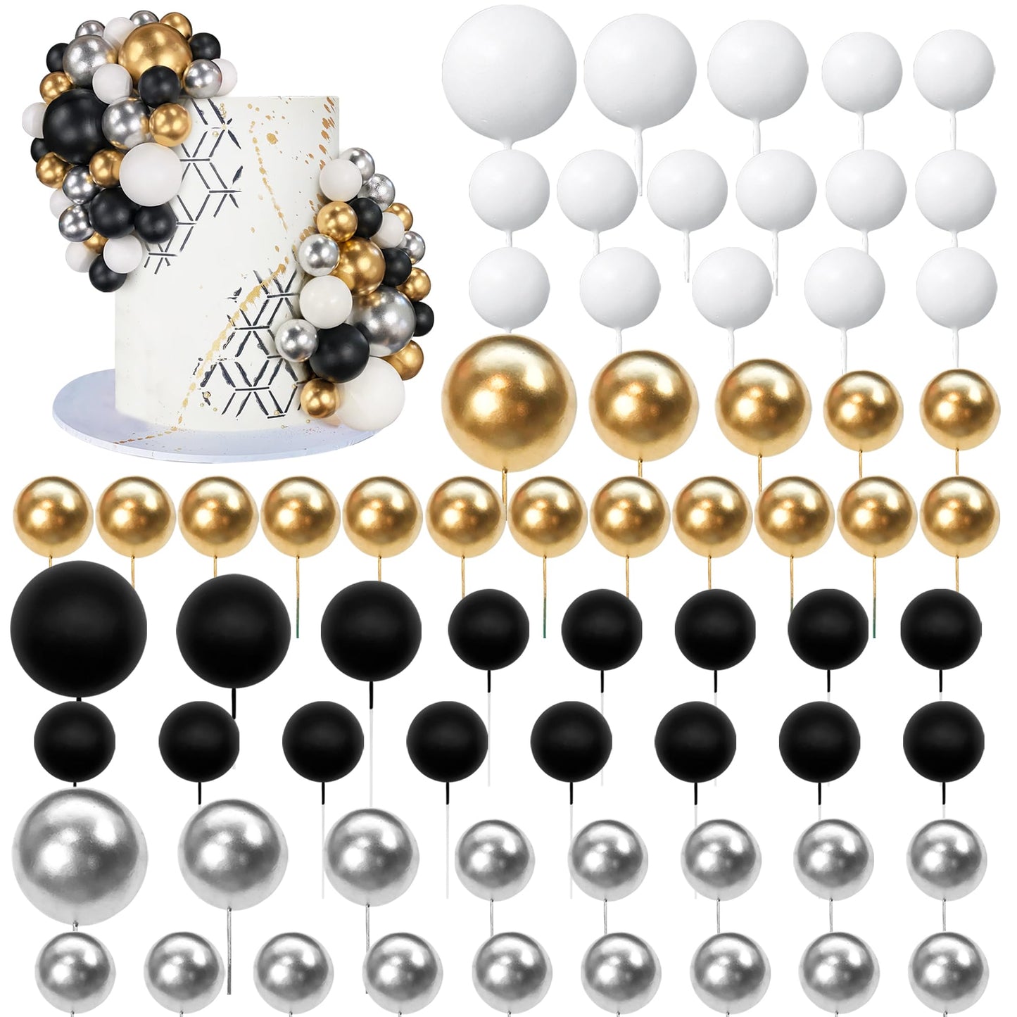 66 Pcs Ball Cake Picks Black Silver White Gold 4 Sizes For Diy Baking Decoration Cupcake Toppers And Wedding Anniversary Birthda