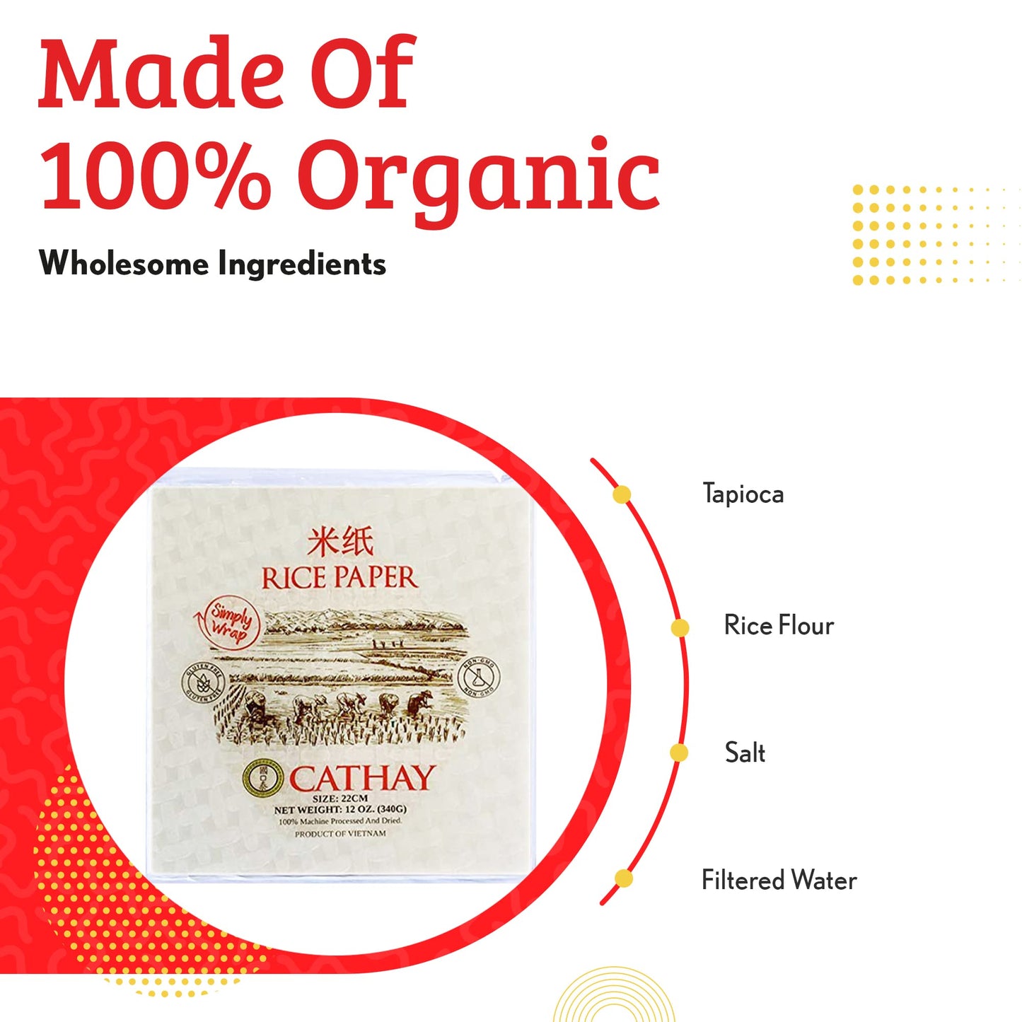 Cathay Fresh Spring Roll Rice Paper Wrappers, Non-GMO, Low Carb, Square, 22cm, 30 Sheets, White