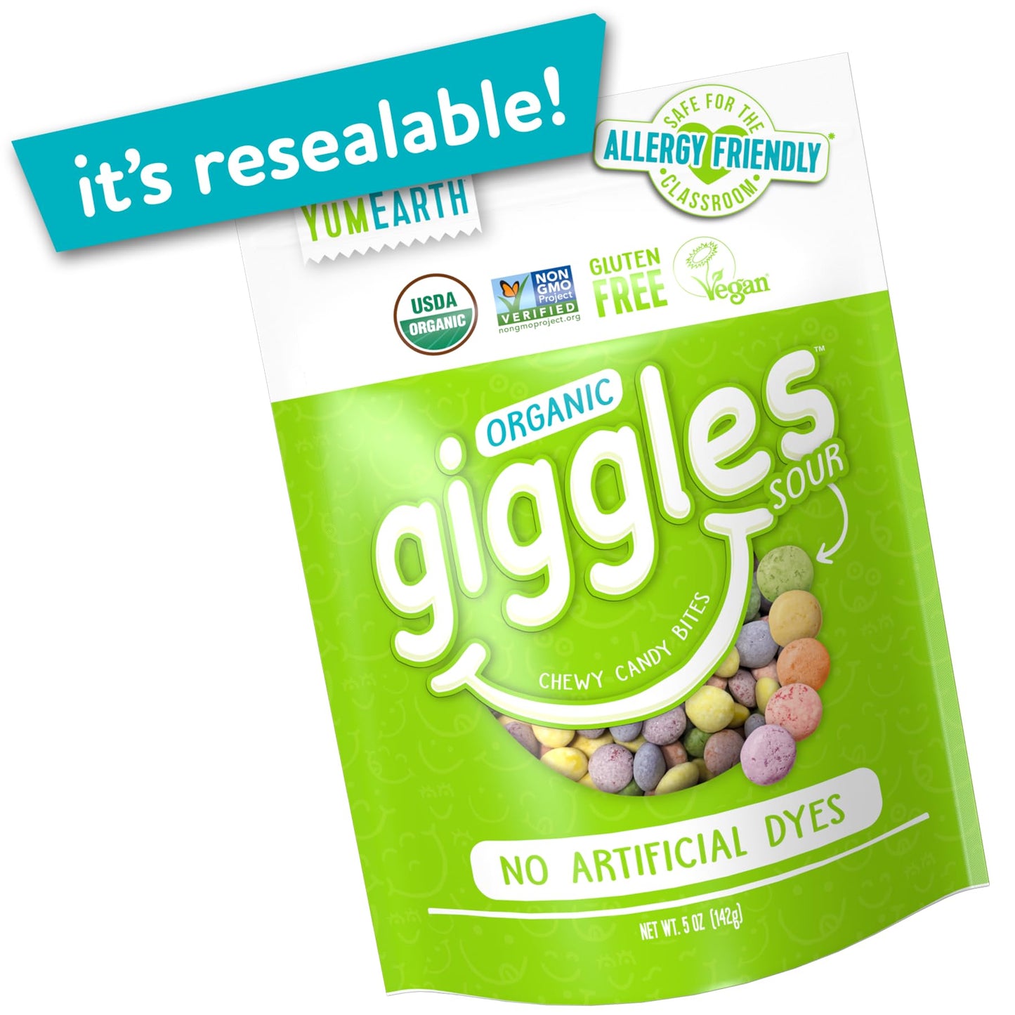 YumEarth Organic Sour Giggles Chewy Candy - Allergy Friendly, No Artifical Dyes, Non GMO, Gluten Free, Sour Fruit Flavored, Vega