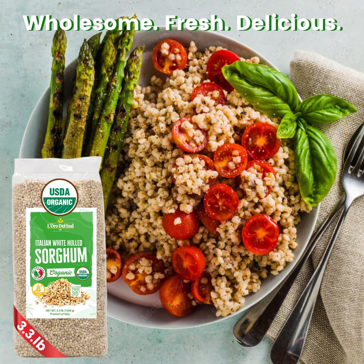 LOro Del Sud Organic Italian White Hulled Sorghum, Gluten-Free Ancient Cereal, 52.9 oz (1.5 kg), High Fiber Superfood