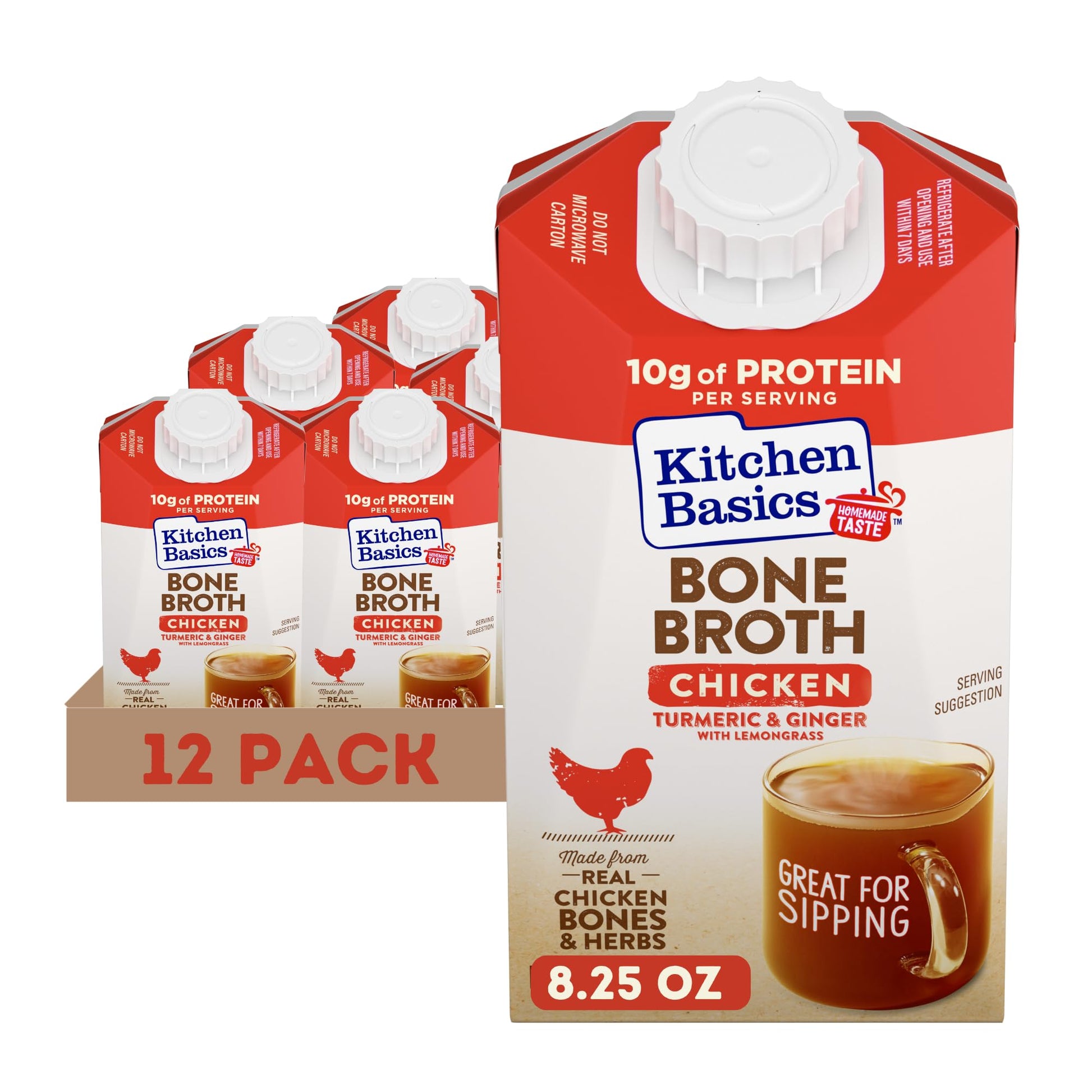 Kitchen Basics Turmeric & Ginger With Lemongrass Chicken Bone Broth, 8.25 oz (Pack of 12) | No Artificial Flavors, Gluten Free, Keto Friendly, Great for Sipping, Resealable Cap |