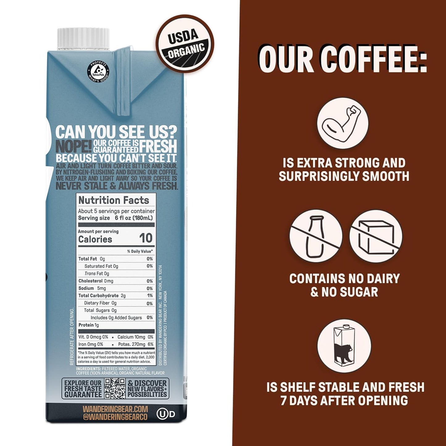 Wandering Bear Organic Vanilla Cold Brew Coffee, 32 Fl Oz, 6 Pack - Extra Strong, Smooth, Organic, Unsweetened, Shelf-Stable, An