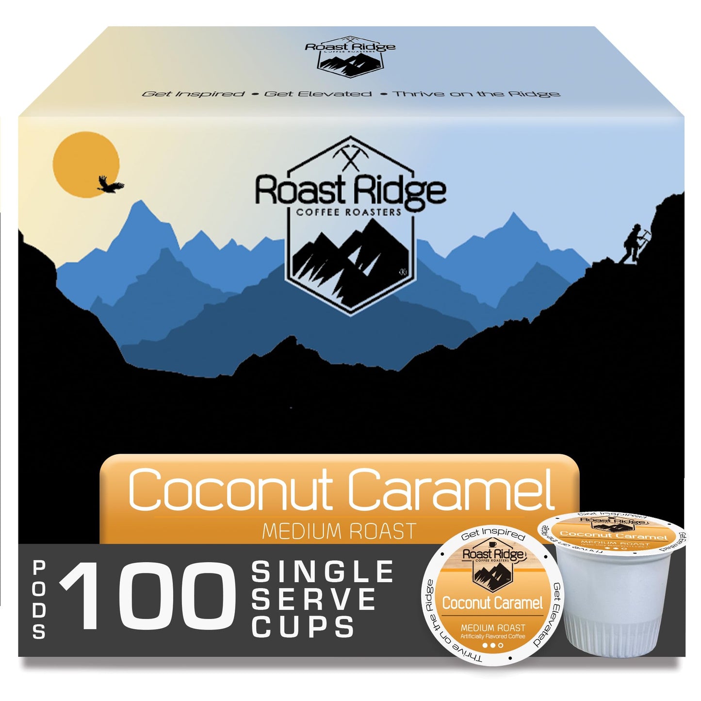 Roast Ridge Single Serve Coffee Pods for Keurig, Coconut Caramel, Medium Roast, 100 Count