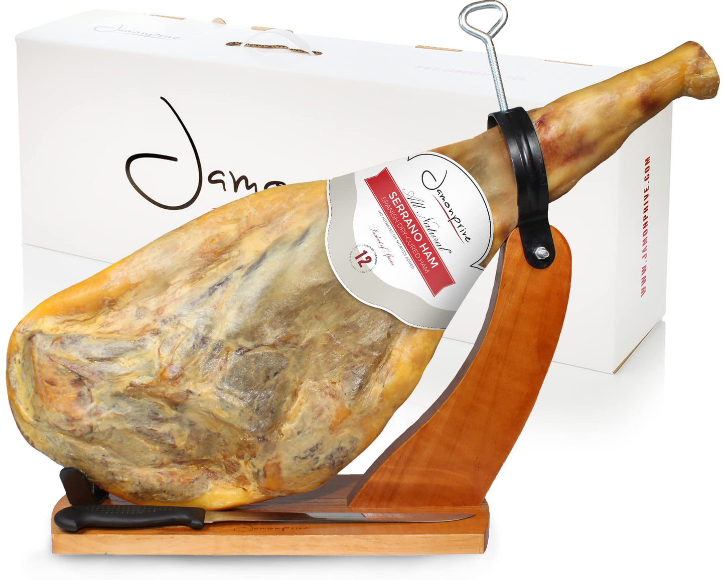 Spanish Serrano Ham Bone In From Scomfort Support 14-17 Lb With Holder & Cutting Tool - All Natural  No Nitrates - Perfect For Tapas  Charcuterie  Parties & Family Gatherings - Ideal For Food Lovers & Gourmet Enthusiasts - Jamon Serrano - Spanish Ham