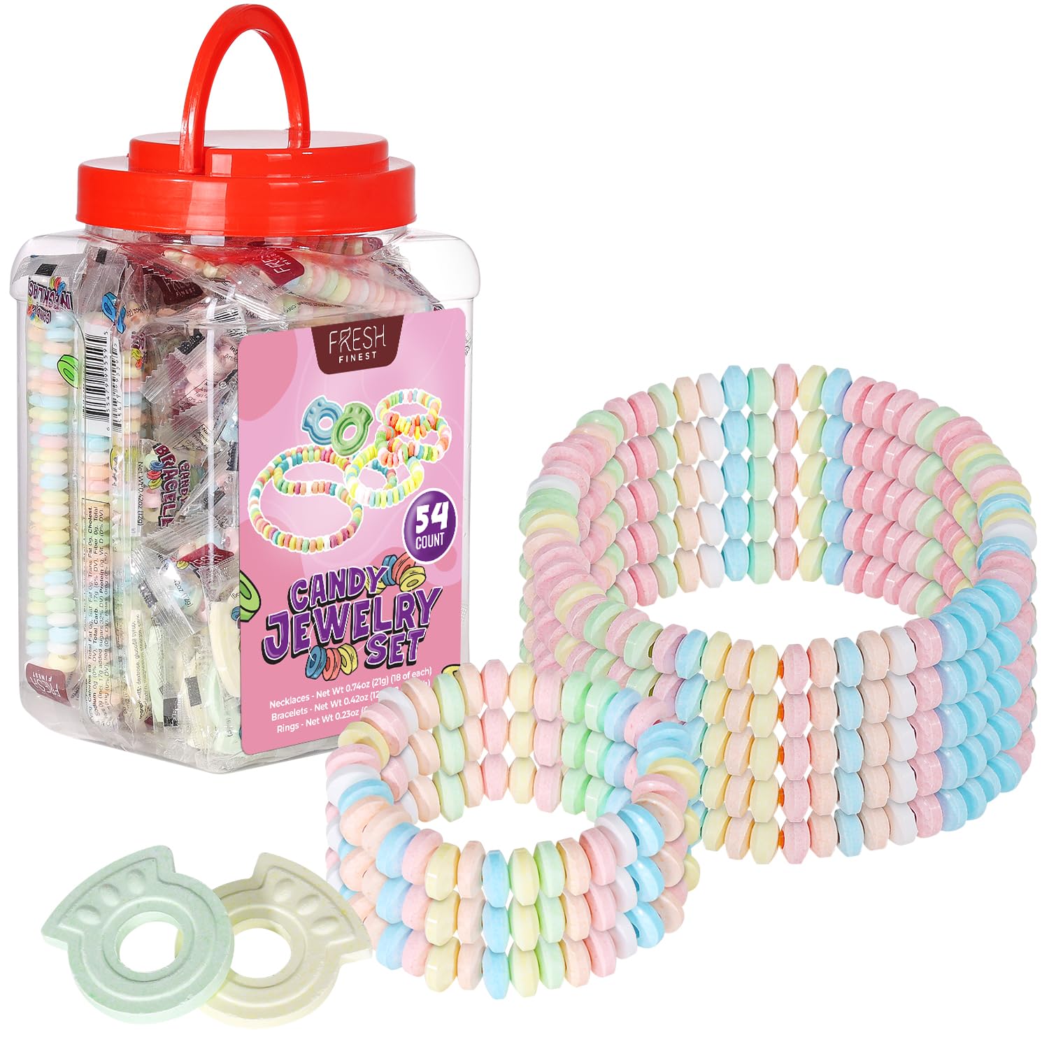 Fresh Finest Candy Mix - 54-Count Bulk Jar with 18 Bracelets, 18 Necklaces, 18 Rings, Clear Packaging