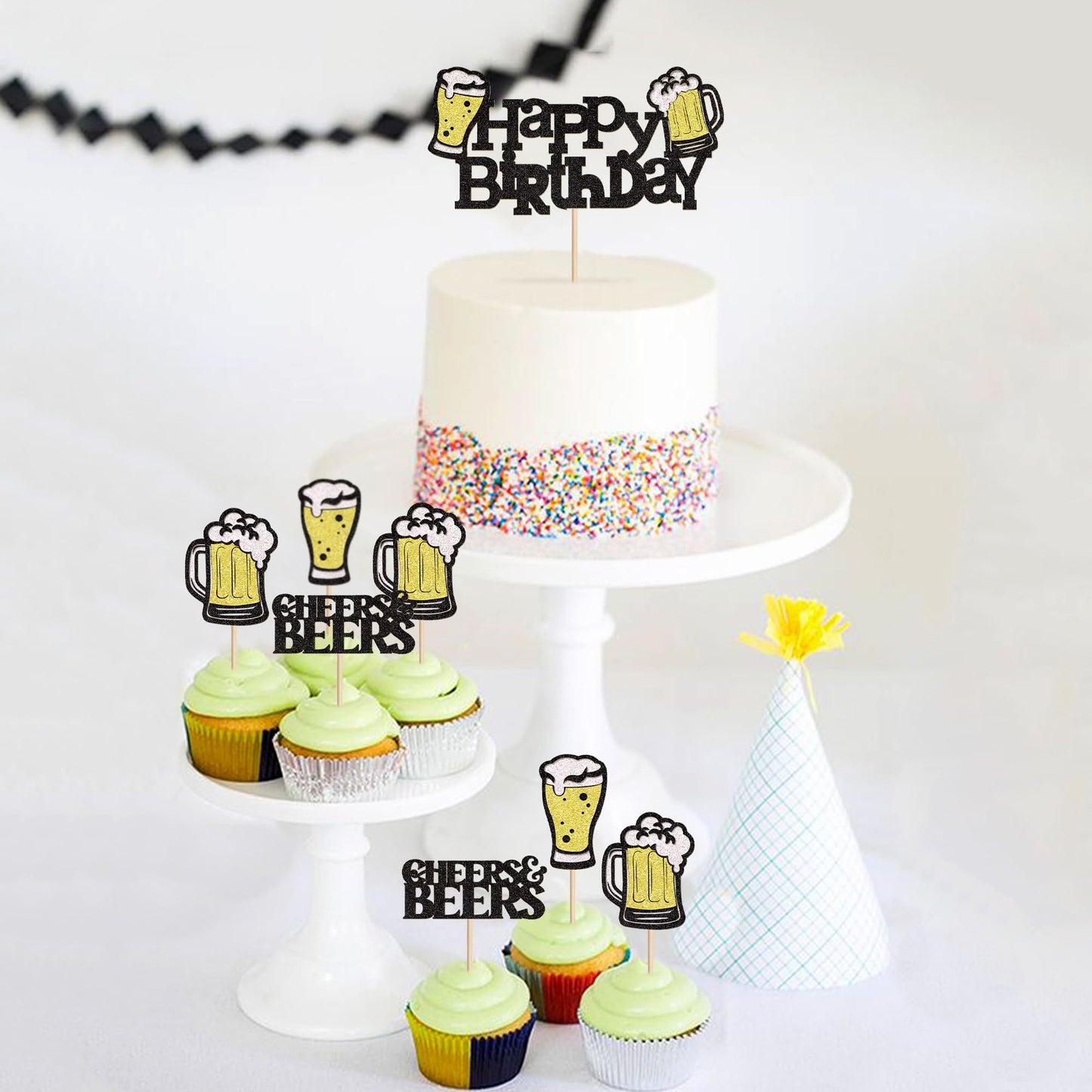 Ercadio malt-inspired Party Cupcake Toppers, 25 PCS, Happy Birthday Decor, Black-25