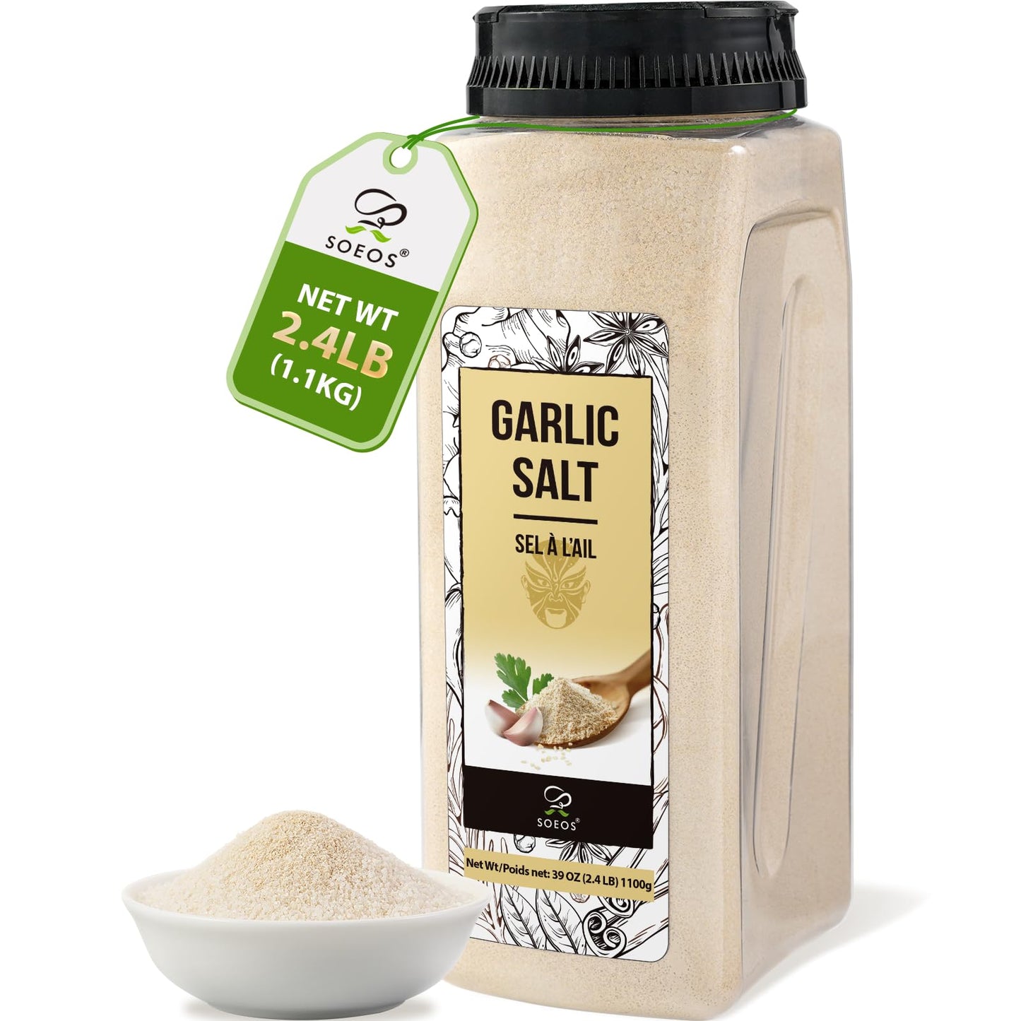 Soeos Garlic Salt 38.8 Ounce(1.1 kg)  Bulk Garlic Salt Seasoning  Non GMO  Gluten Free  Ideal for Adding Flavor to Soups  Breads  Vegetables  Meats and More