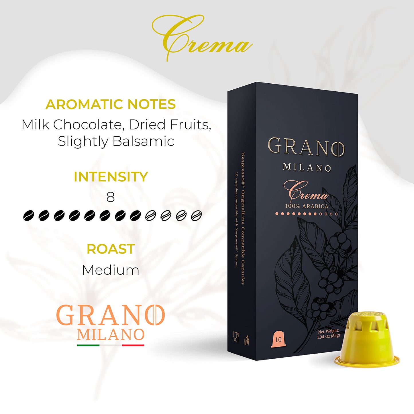 Grano Milano Espresso Pods - 100% Arabica Medium Roast, Compatible with Nespresso Original, Pack of 50, Intensity 8/12