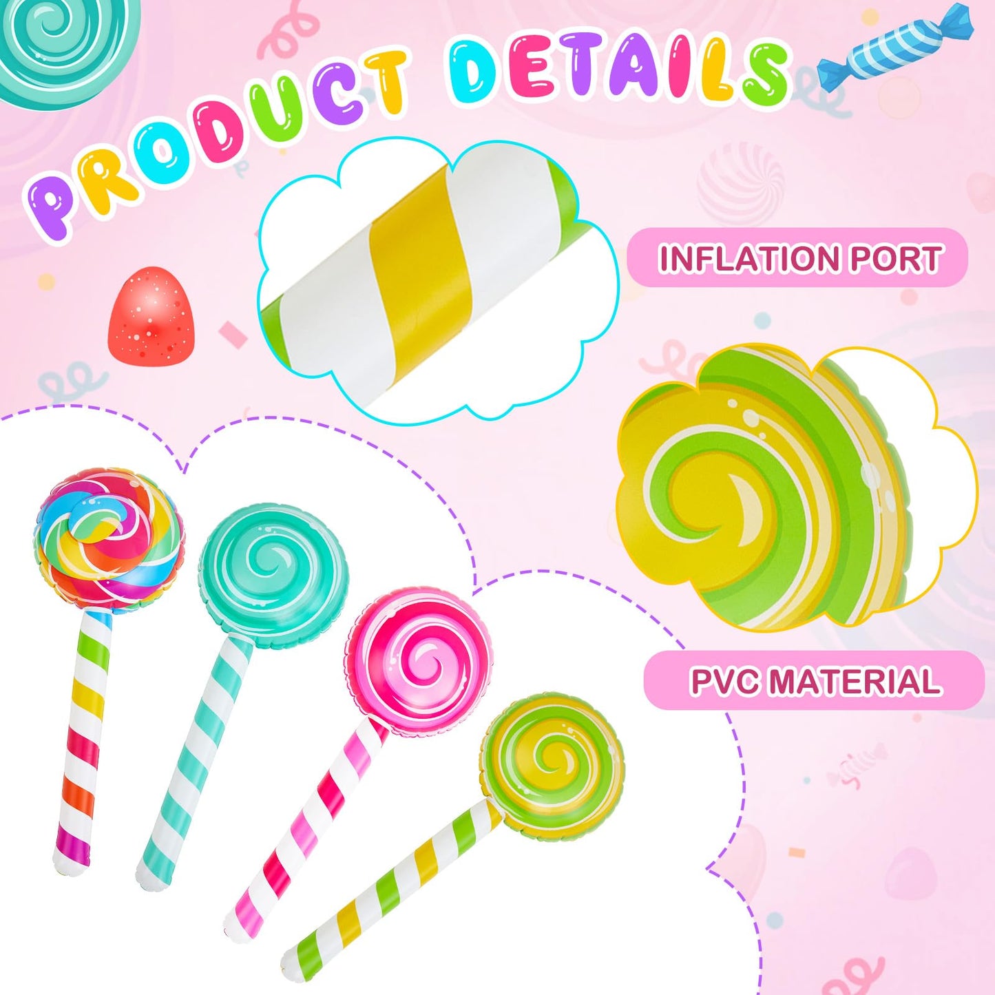 Poen 8 Pcs Large Inflatable Lollipop 29.53 Inch Candy Birthday Party Decorations Inflatable Giant Lollipop Prop Candy Shape Ball