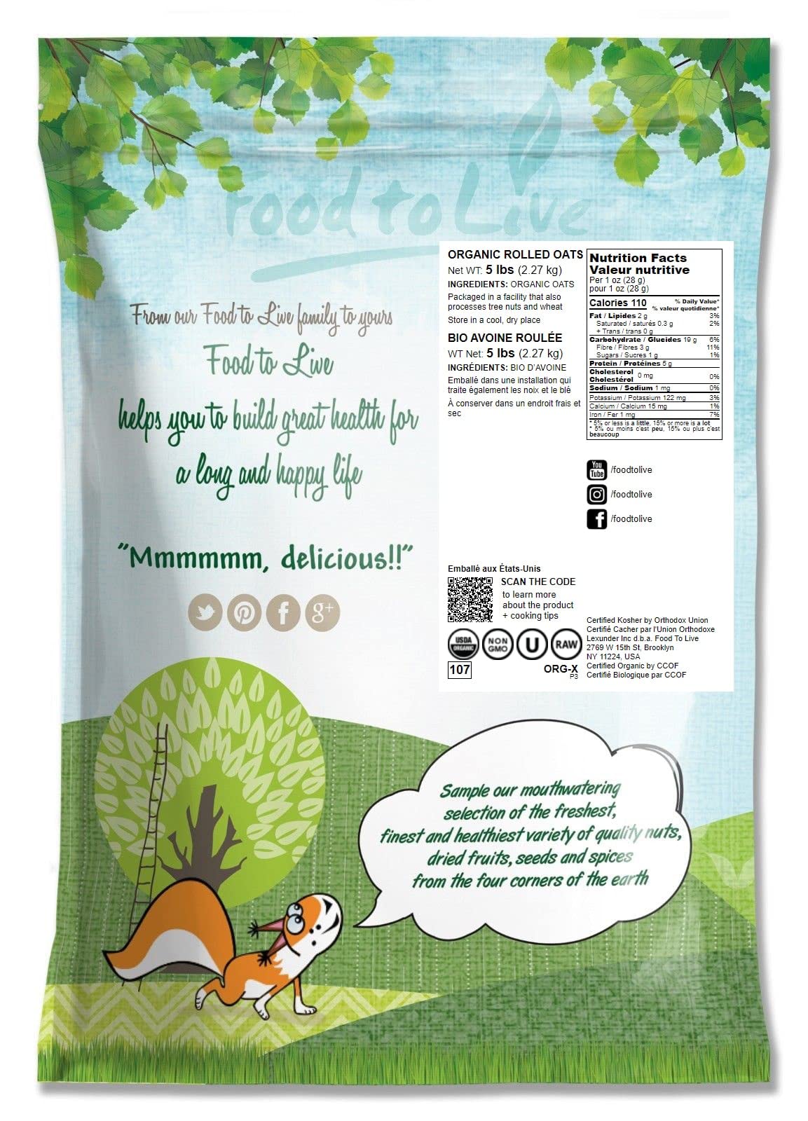 Food to Live Organic Rolled Oats, 5 Pounds - Old-Fashioned, 100% Whole Grain, Non-GMO, Raw, Kosher, Bulk Oats. Perfect for Morni