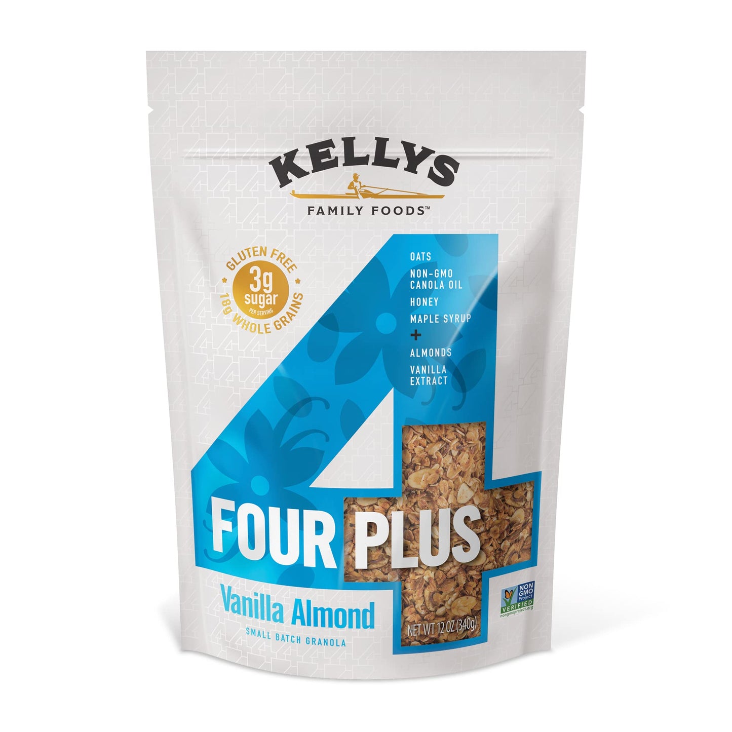 Kelly's Four Plus Granola (Vanilla Almond) Granola Cereal with Whole Grain Oats, Honey, Maple Syrup - Non-GMO, Low Sugar, Sodium