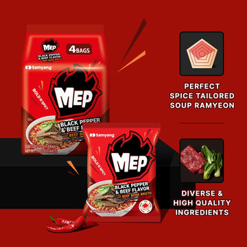 Mep Black Pepper And Beef Flavor, Instant Korean Ramen Noodles, Spicy Ramyeon Noodle Soup [3.88 Oz (110G) X 4 Bags]
