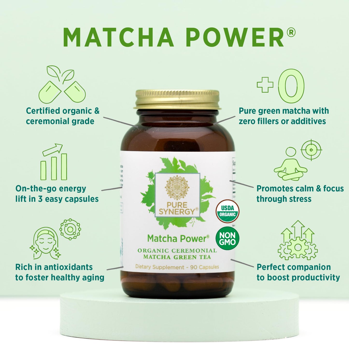 PURE SYNERGY Matcha Power compact pieces | Organic Ceremonial Grade | 90 Count | Model SYC128