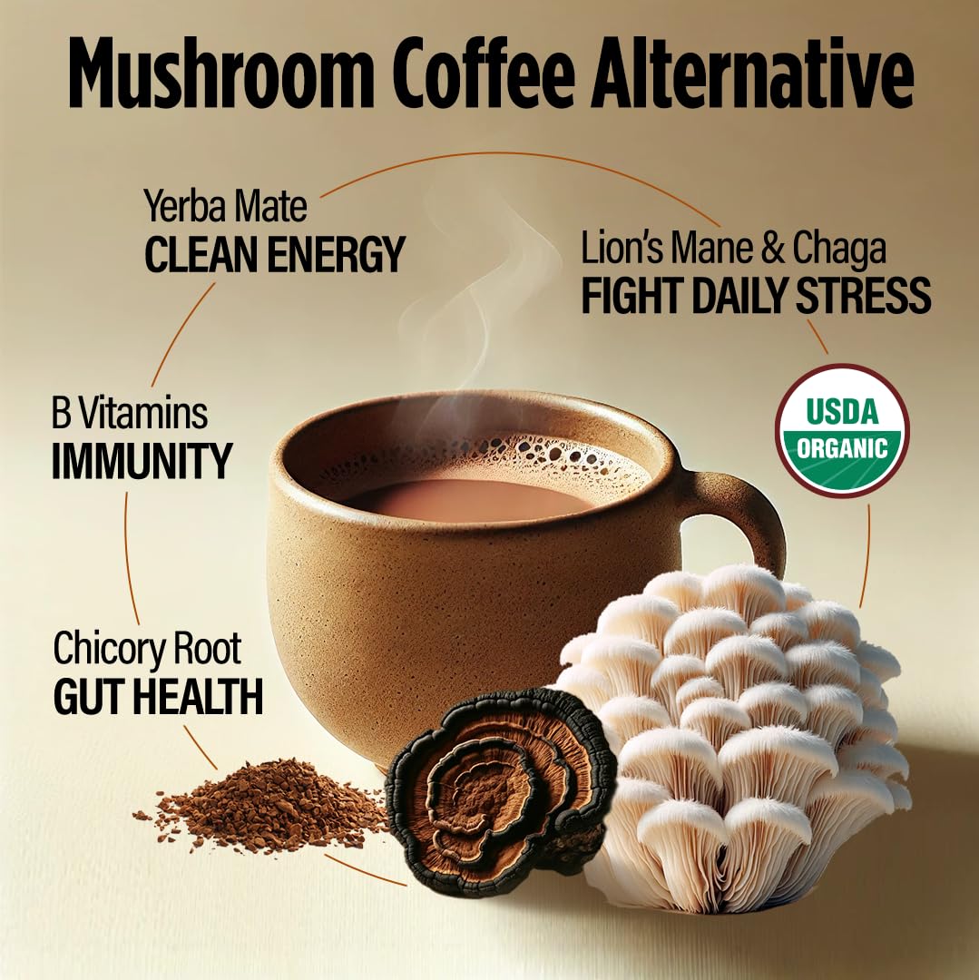 VitaCup Mushroom Coffee Alternative Instant Drink Mix, Lion’s Mane & Chaga, 30 Count