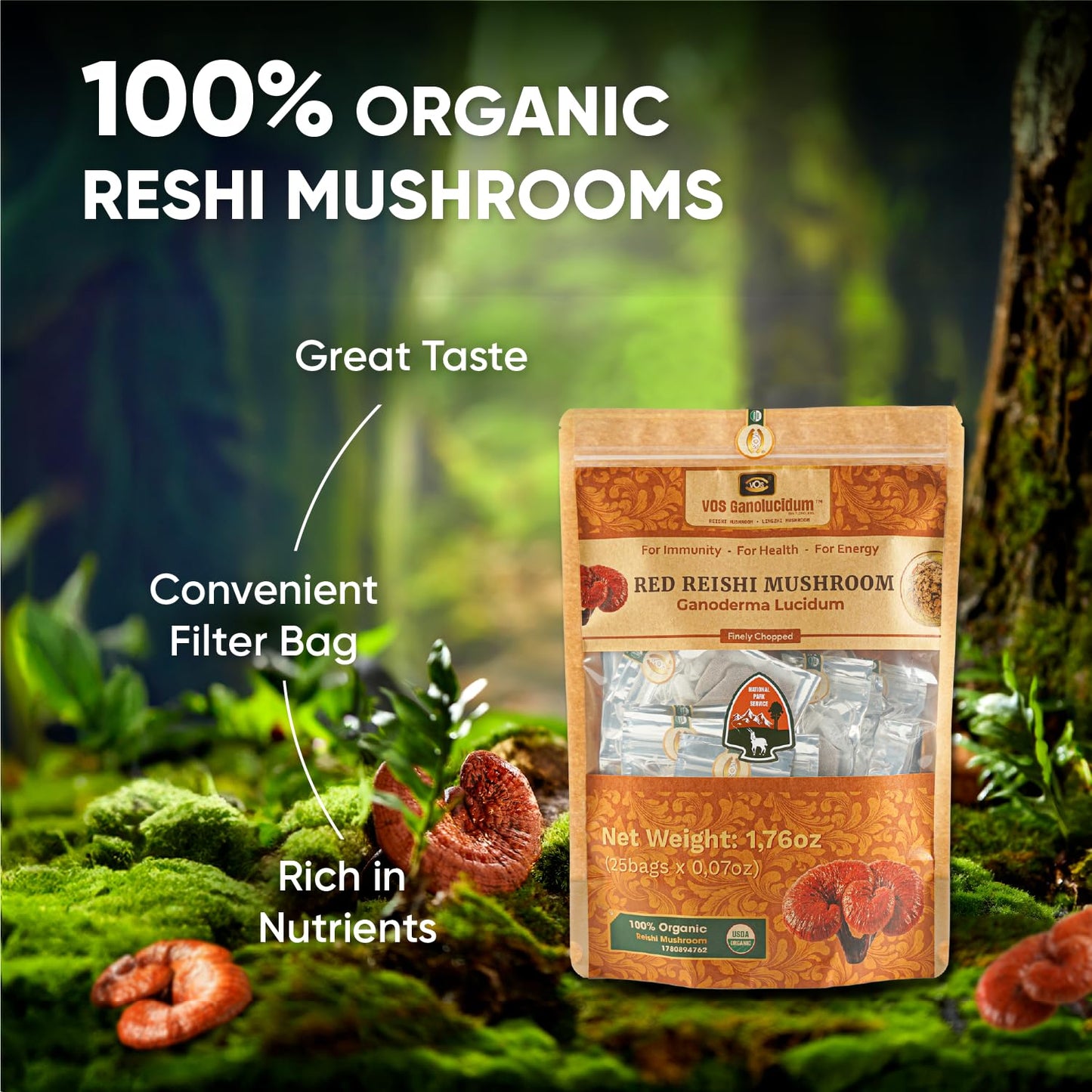 VOS GANOLUCIDUM Finely Chopped Reishi Mushroom, 25 Count, Convenient Zip Bags for Tea, Soup, or Porridge