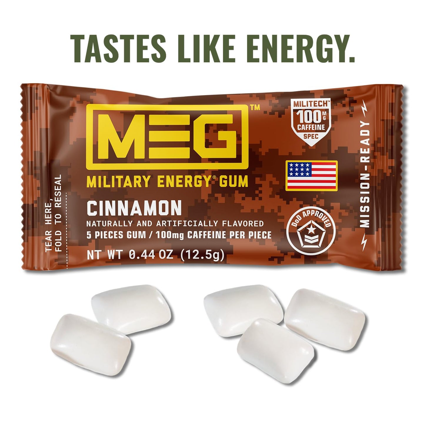MEG Military Energy Gum - Cinnamon Flavor, 100mg Caffeine per Piece, Pack of 18, Brown