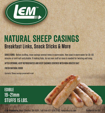 LEM Products Natural Sheep Casings, 19-21mm, Edible Sausage Casings, Stuffs Approximately 15 Pounds, Great for Snack Sticks, Bre