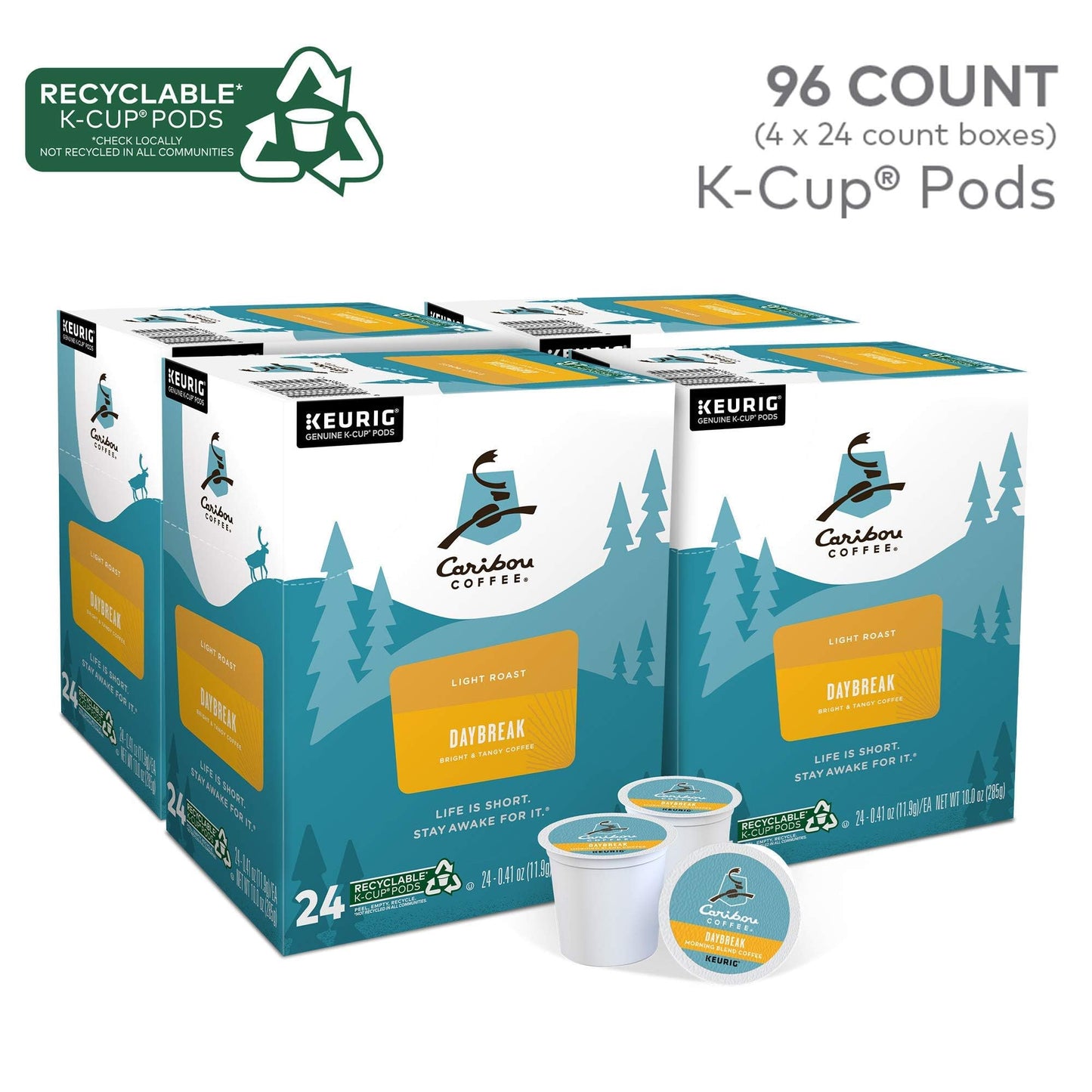 Caribou Coffee Daybreak Morning Blend K-Cup Pods, Light Roast, 96 Count (4 Packs of 24), Model 5000203112, White