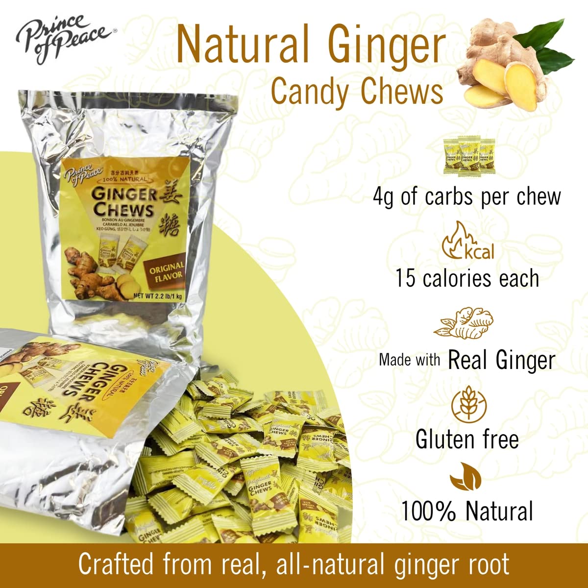 Prince Of Peace 100% Natural Ginger Candy (Chews), 2.2Lb/1Kg