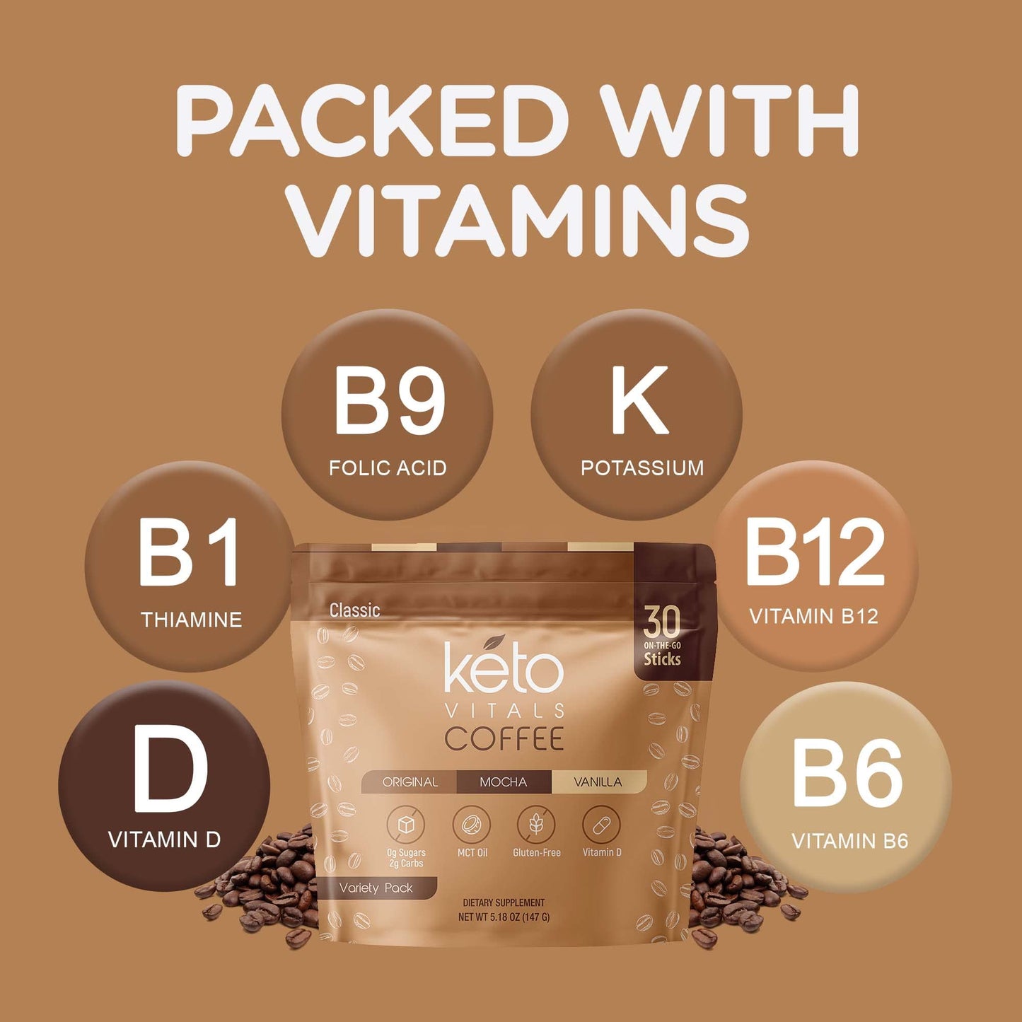 Keto Vitals Instant Keto Coffee Powder - Low-Calorie Sweetened Coffee Packets, Single Serve - Instant Mix In Original, Vanilla,