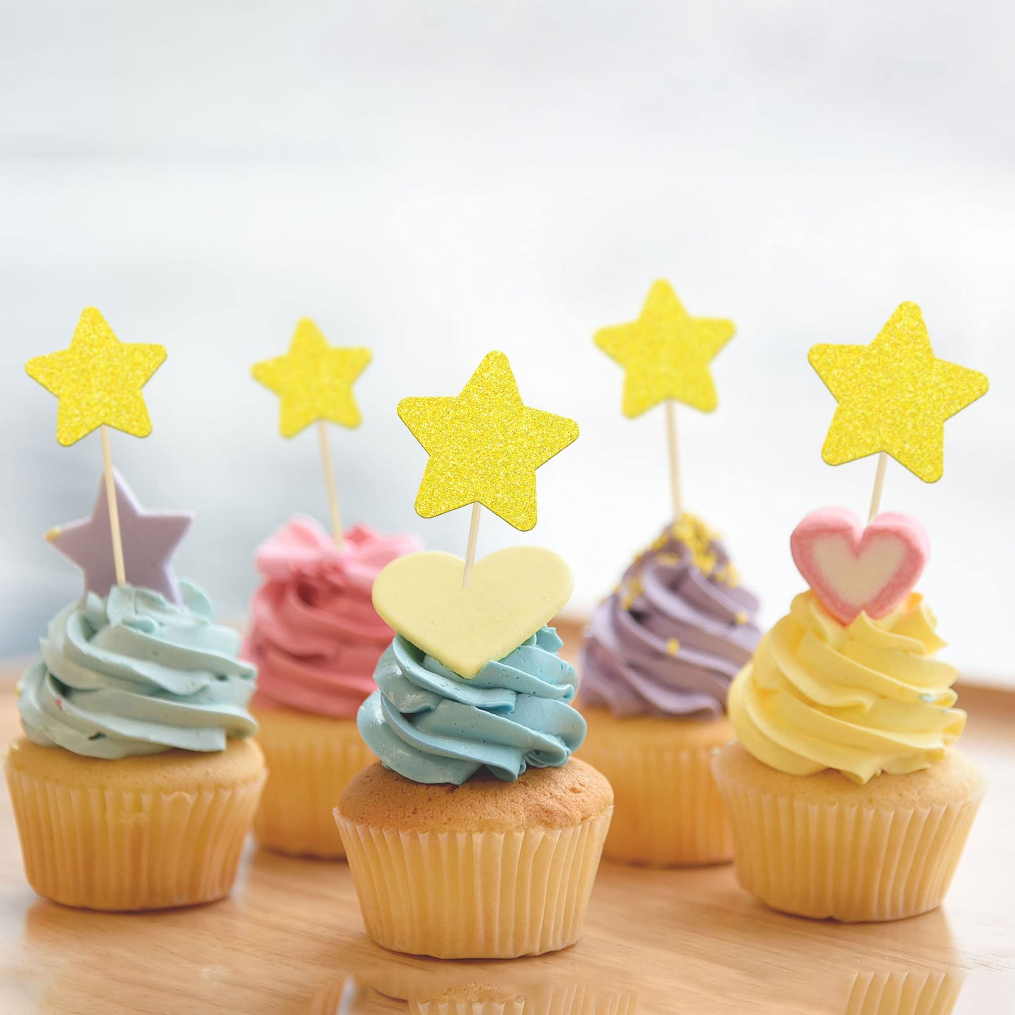 Gyufise 42Pcs Mixed Size Little Star Cupcake Toppers Gold Laser Twinkle Star Cupcake Picks Wedding Engagement Bridal Shower Baby