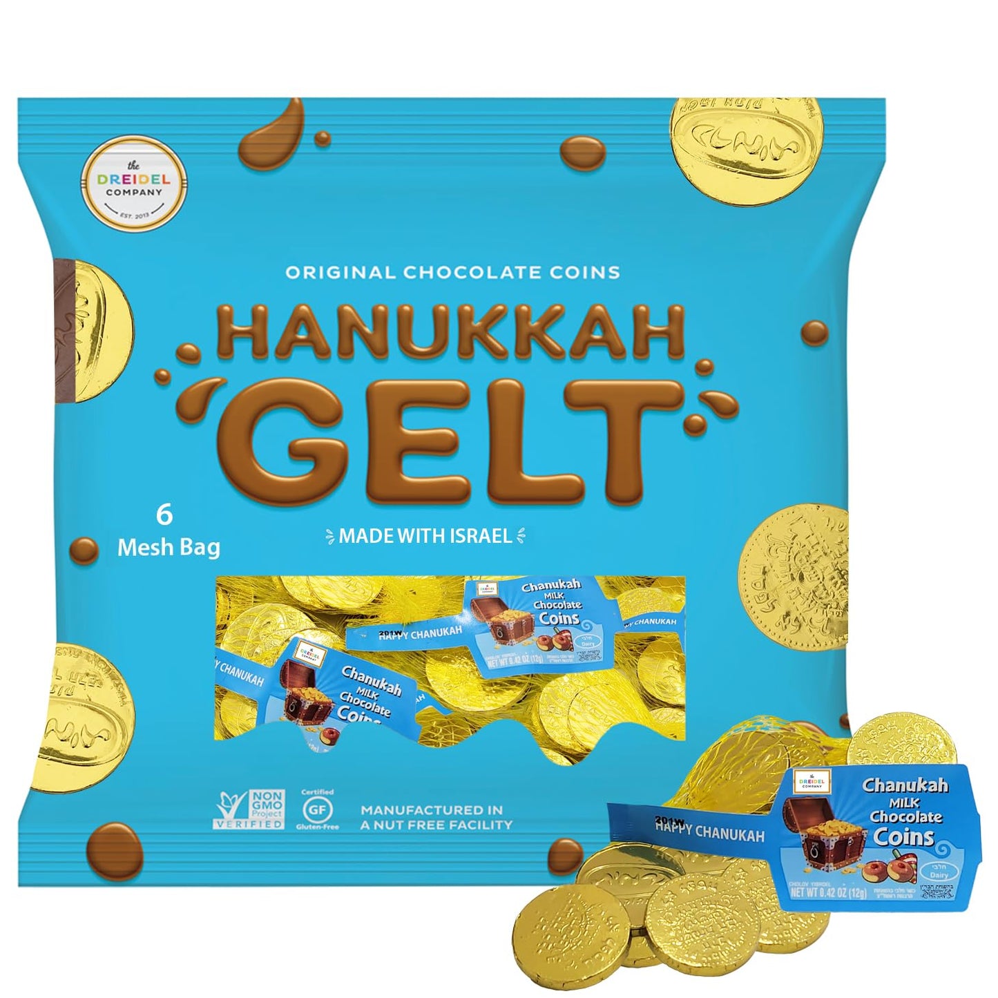 The Dreidel Company Hanukkah Chocolate Gelt, 6-Pack Mesh Bags of Milk Chocolate Coins, Kosher Certified Dairy Dreidel and Menora