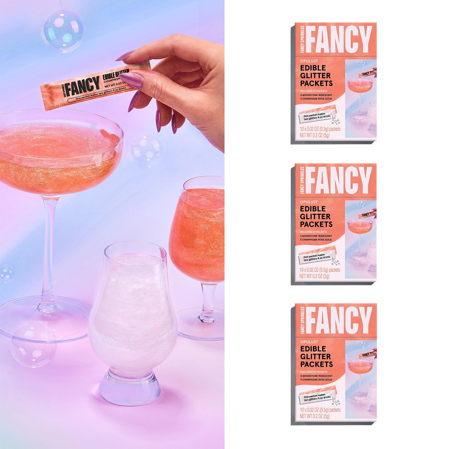Fancy Sprinkles Edible Glitter Packets, Moonstone Iridescent & Champagne Rose Gold, 3 Pack