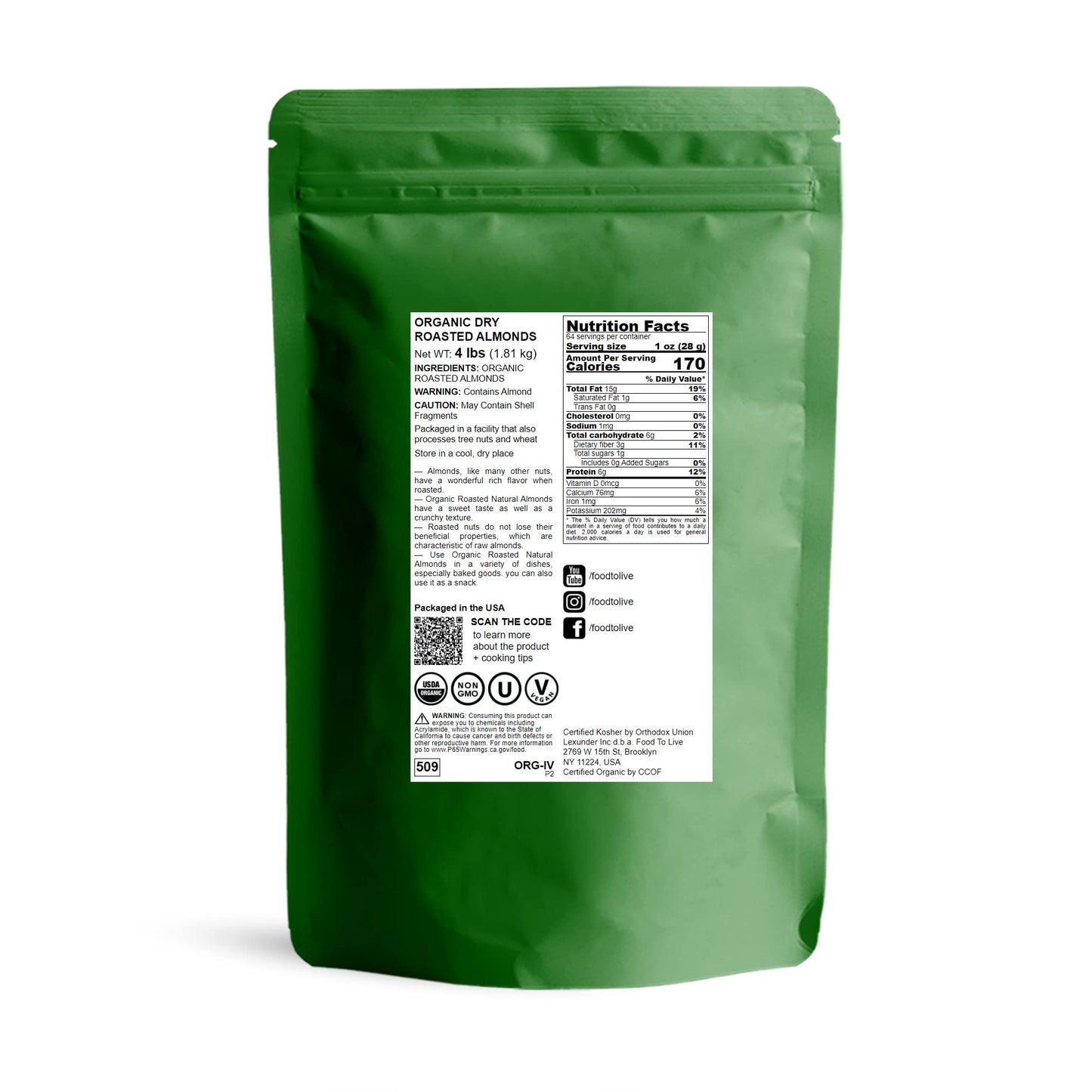 Food To Live Organic Dry Roasted Almonds, 4 Pounds - Non-Gmo, Unsalted, Vegan, Keto, Paleo, Kosher, Bulk, High In Protein, Dieta