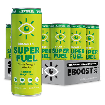 Eboost Super Fuel Healthy Energy Drink - Caffeine From Natural & Clean Ingredients For Focus And Productivity -Taurine Free Pre-Workout With Electrolytes, Nootropic & Vitamins - Ginger Lime, 12 Pack