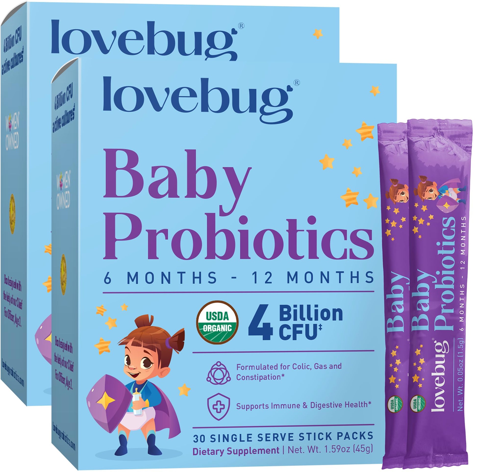 Lovebug Award Winning Usda Organic Probiotic For Babies | Multi-Strain 4 Billion Cfu | Easy-To-Take Powder | Sugar Free | Ages 6