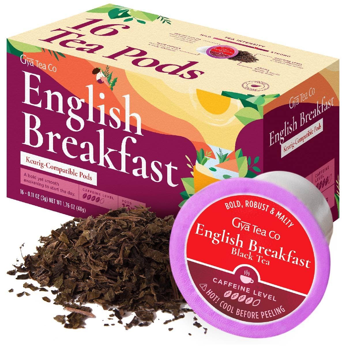 Gya Tea Co English Breakfast Black Tea Pods - High Caffeine, Bold & Malty Flavor, 16 Count