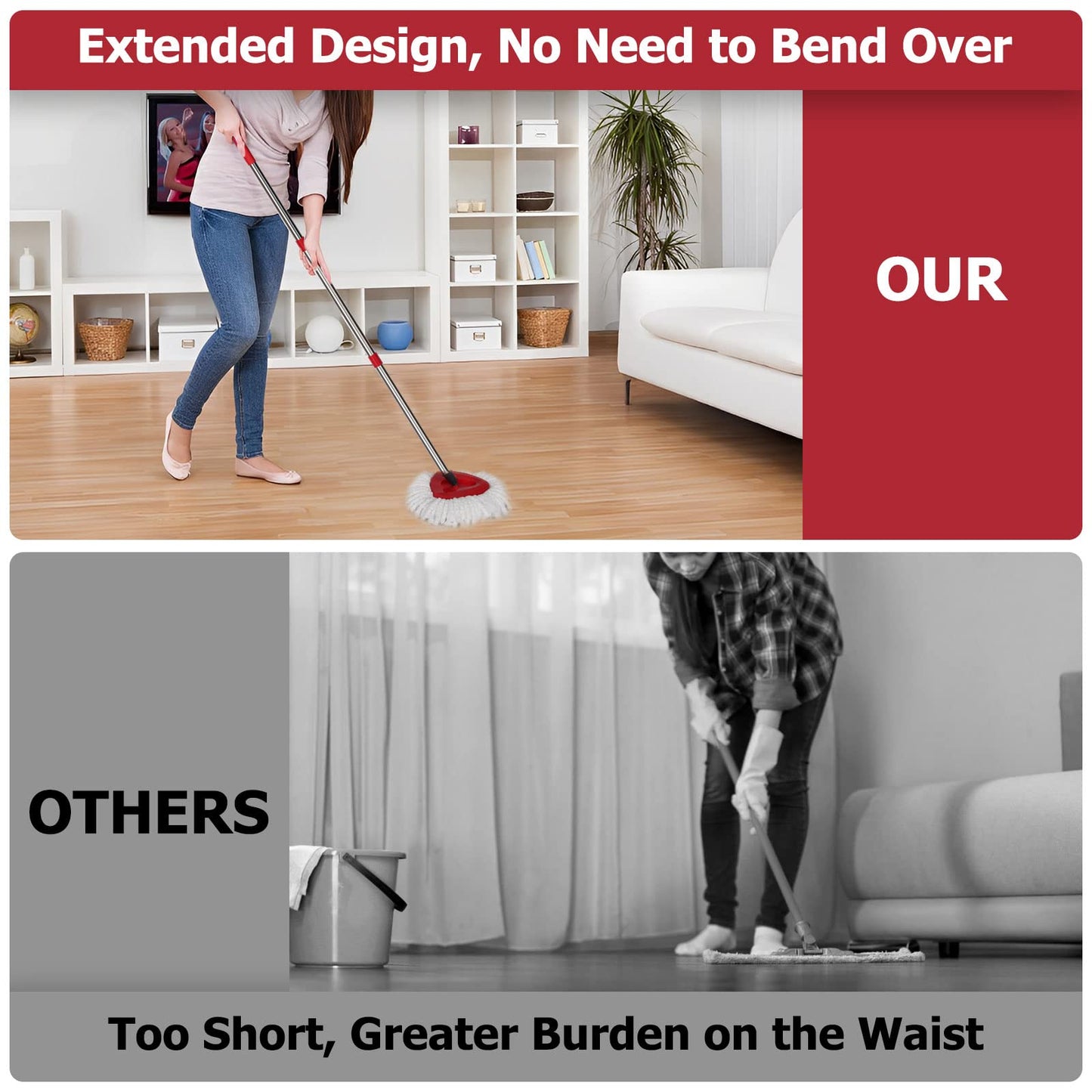 Qulable Spin Mop Replacement Handle - 30 to 58 Adjustable Red Mop Handle Compatible with O-Ceda EasyWring for Efficient Floor Cleaning