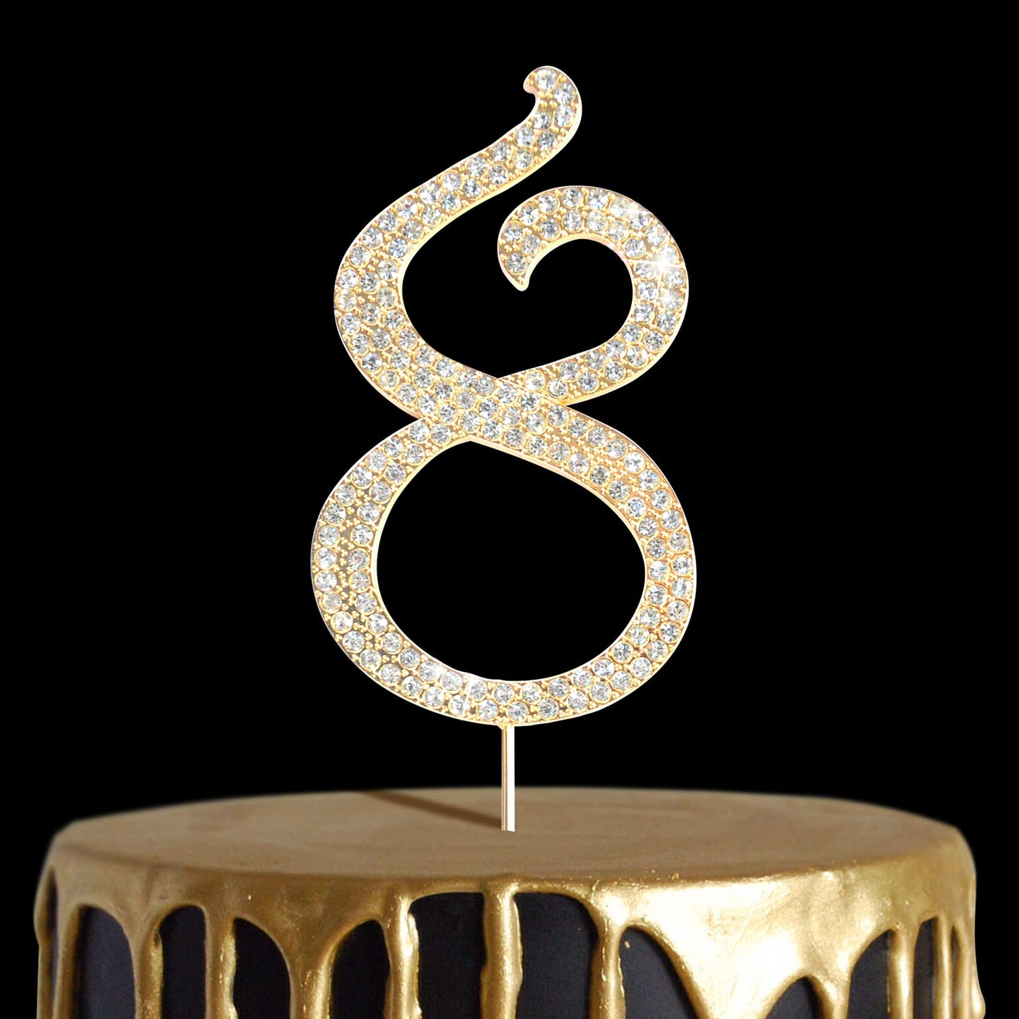 Number Cake Topper 8, Uniideco Gold Rhinestone Premium Metal Bling Bling Cake Decor, Sparkly Happy Birthday Wedding Anniversary