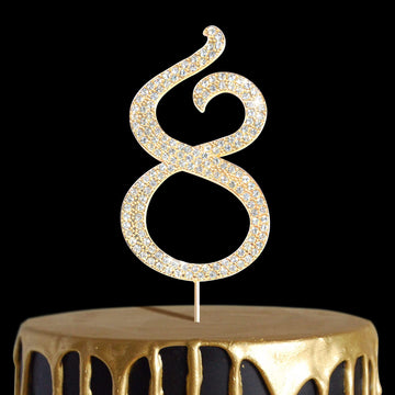 Number Cake Topper 8, Uniideco Gold Rhinestone Premium Metal Bling Bling Cake Decor, Sparkly Happy Birthday Wedding Anniversary