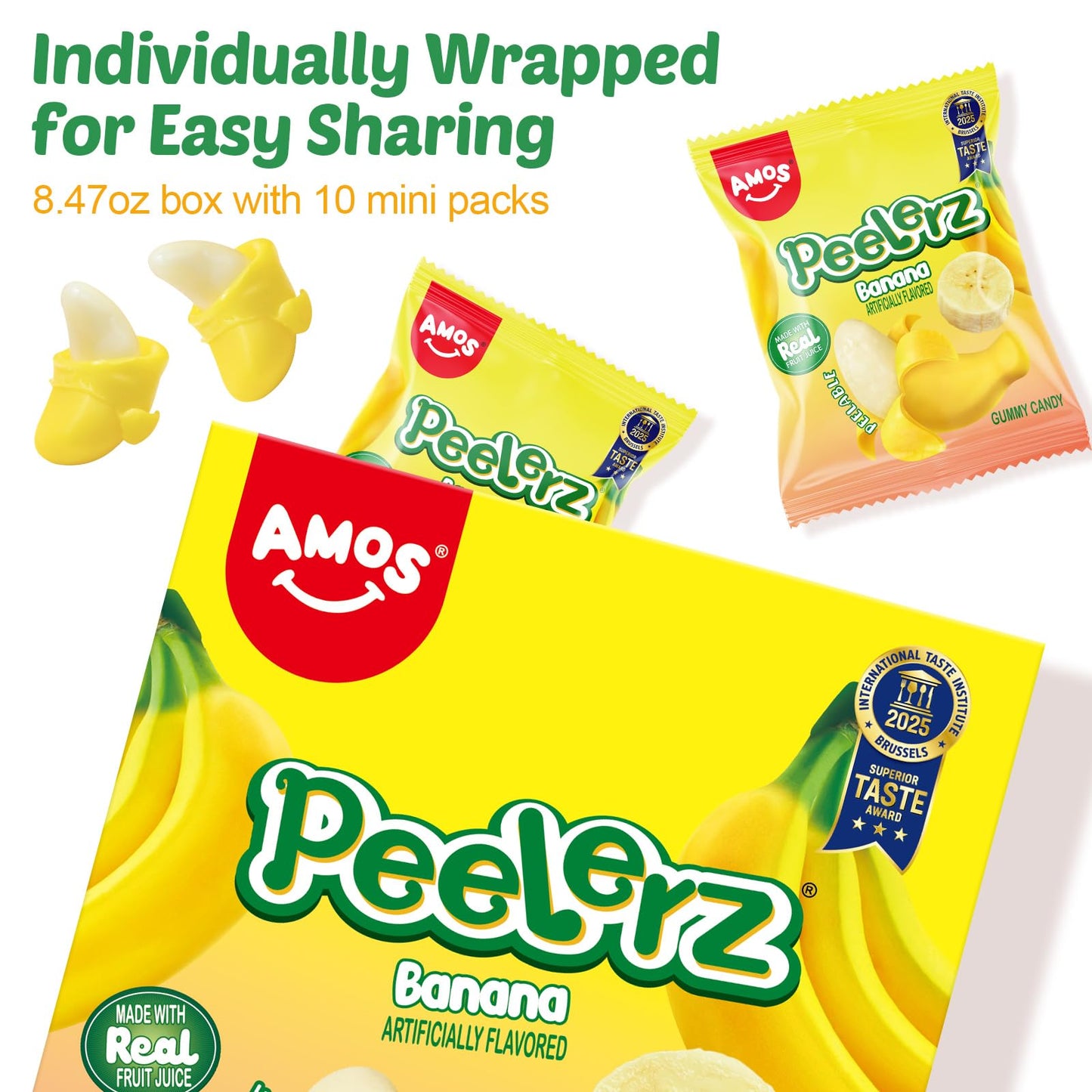 AMOS Peelerz Banana Gummy Candy, Peelable Fruit-Shaped Candy, 8.47oz Box with 10 Individual Packs - Fun Peeling Gummy Snack Made